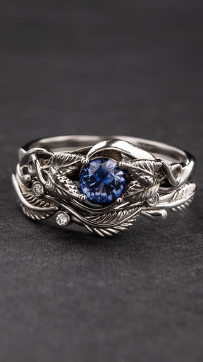 Natural blue sapphire and diamonds bridal ring set / Azalea - Eden Garden Jewelry™