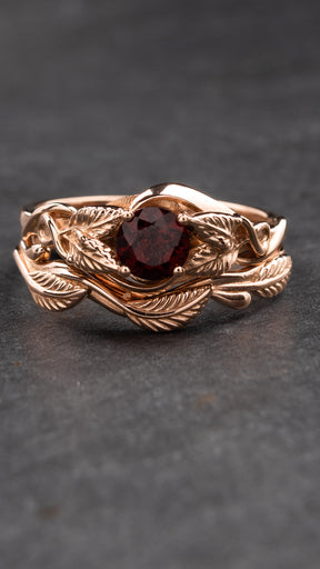 Deep red garnet engagement ring with a matching wedding band / Azalea - Eden Garden Jewelry™