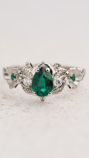 Lab emerald engagement ring with lovely flowers and diamonds / Adelina - Eden Garden Jewelry™