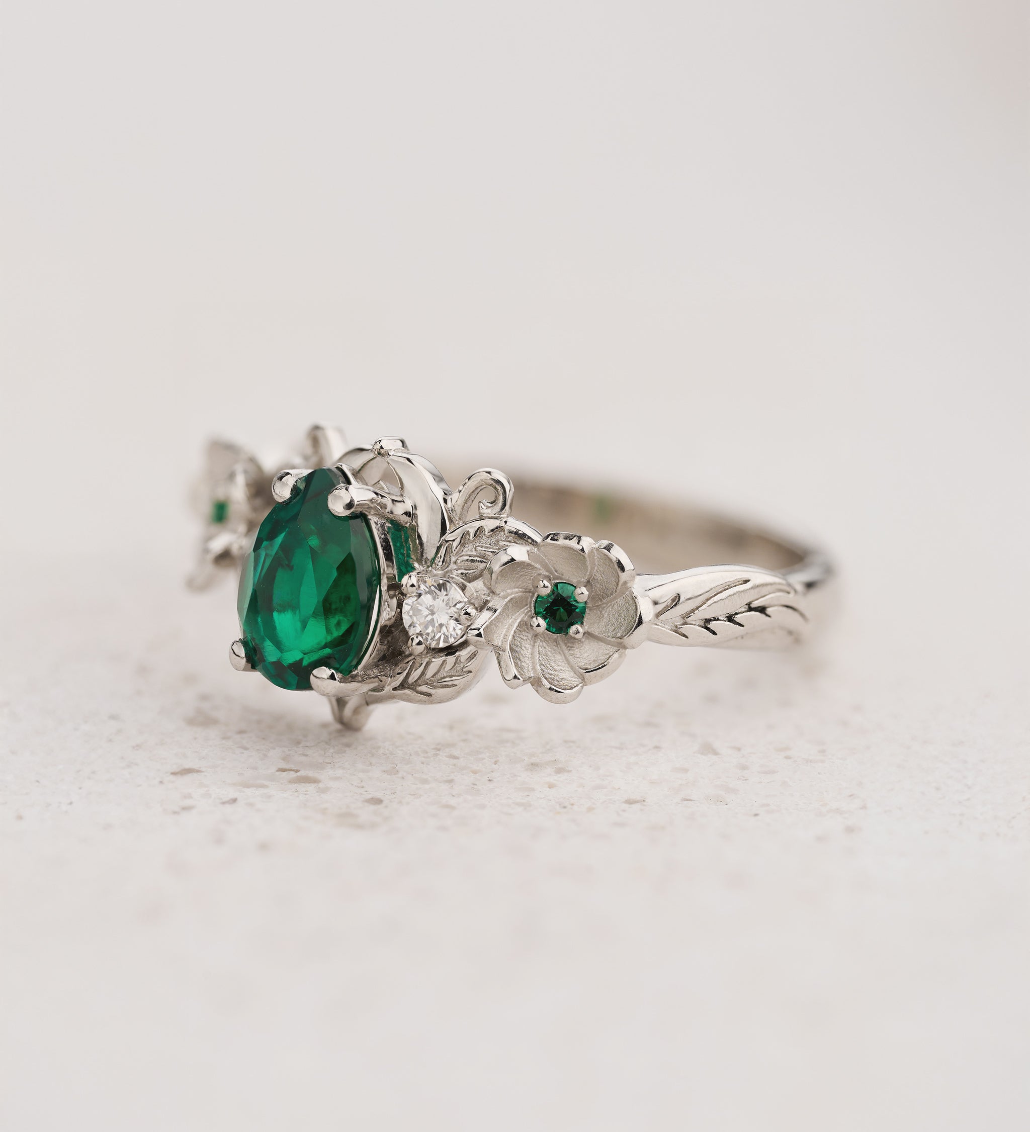 Lab emerald engagement ring with lovely flowers and diamonds / Adelina - Eden Garden Jewelry™