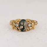 Engagement Ring with Oval Green Moss Agate (Natural) in Leafy Style / Wisteria - Eden Garden Jewelry™