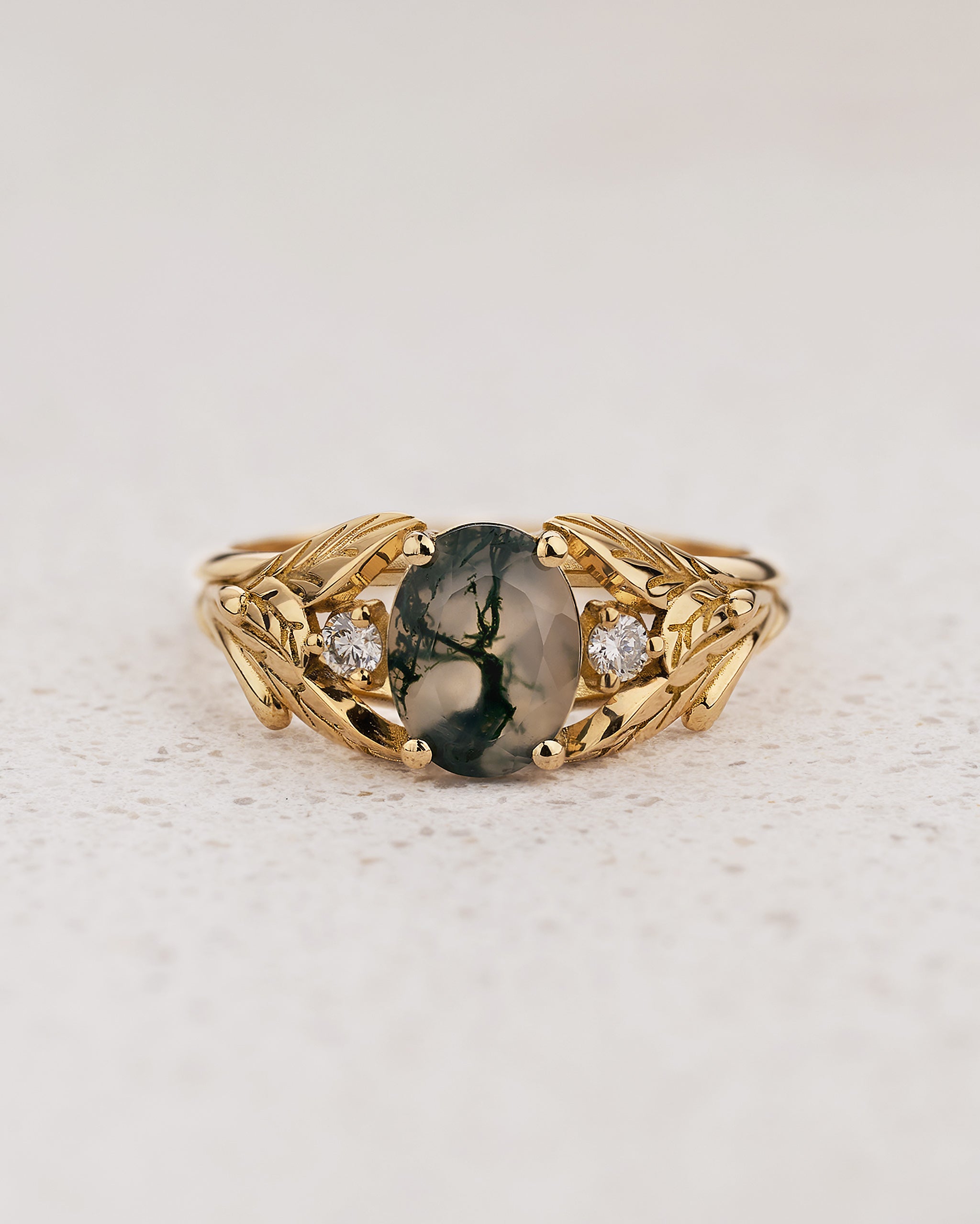 Engagement Ring with Oval Green Moss Agate (Natural) in Leafy Style / Wisteria - Eden Garden Jewelry™