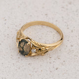 Engagement Ring with Oval Green Moss Agate (Natural) in Leafy Style / Wisteria - Eden Garden Jewelry™