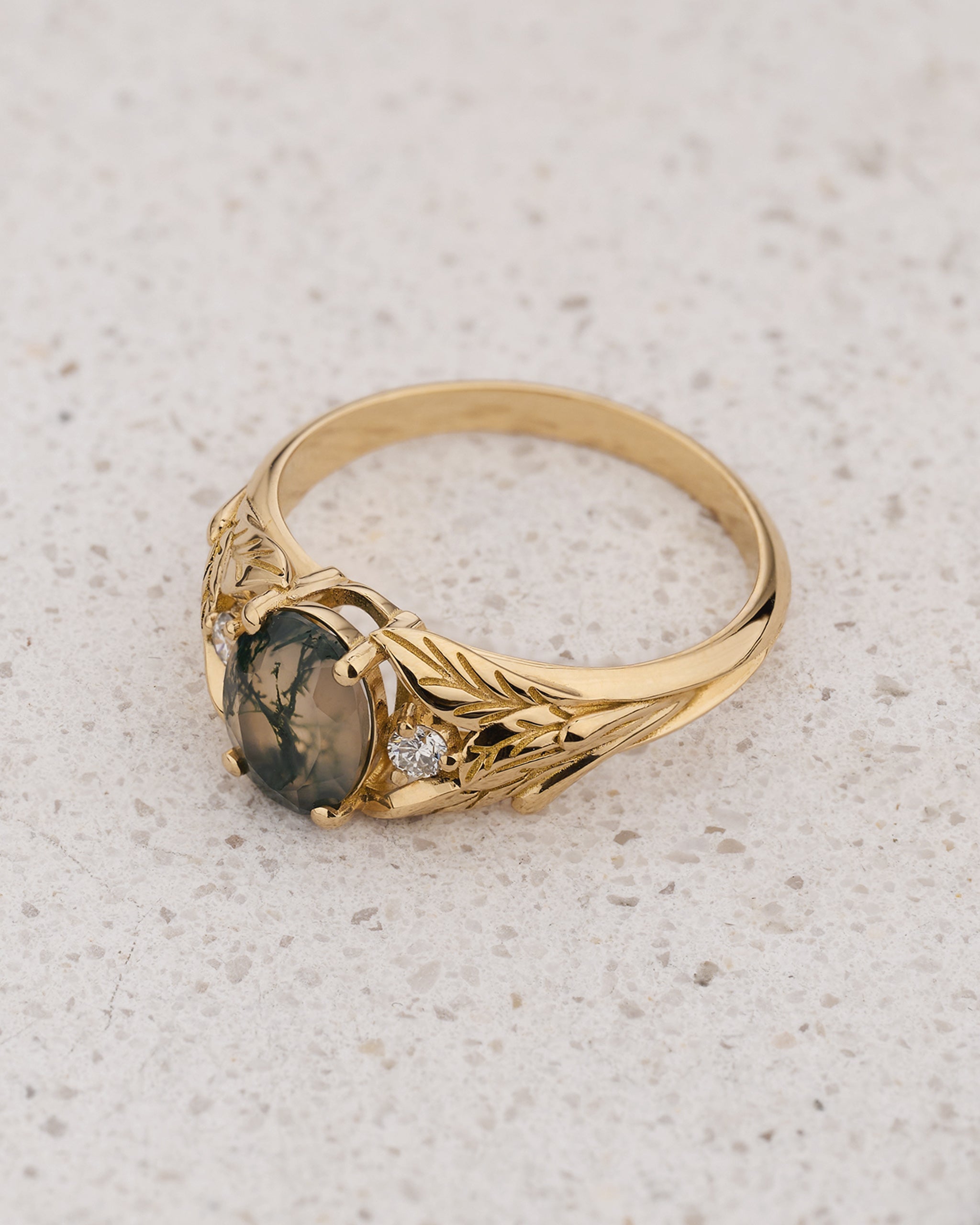 Engagement Ring with Oval Green Moss Agate (Natural) in Leafy Style / Wisteria - Eden Garden Jewelry™