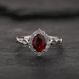 Engagement Ring with Oval Red Ruby (Lab-Grown) in Leafy Style / Florentina - Eden Garden Jewelry™