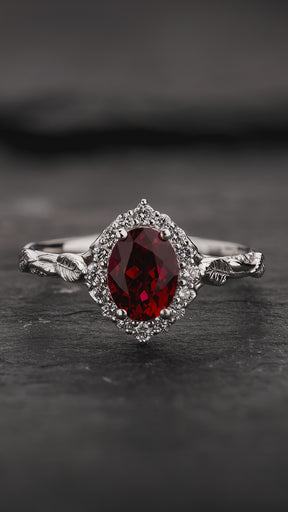 Engagement Ring with Oval Red Ruby (Lab-Grown) in Leafy Style / Florentina - Eden Garden Jewelry™