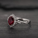 Engagement Ring with Oval Red Ruby (Lab-Grown) in Leafy Style / Florentina - Eden Garden Jewelry™