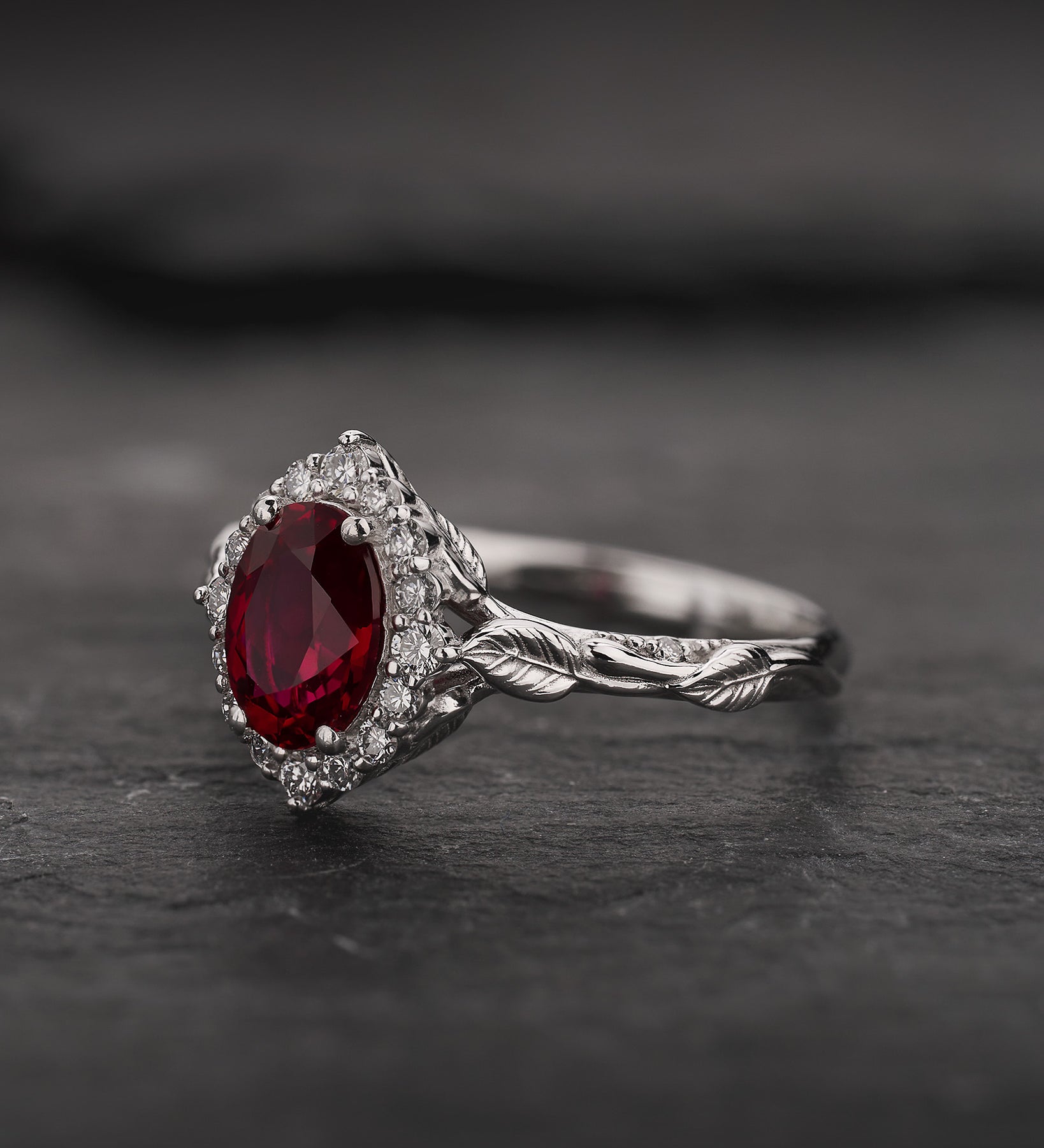 Engagement Ring with Oval Red Ruby (Lab-Grown) in Leafy Style / Florentina - Eden Garden Jewelry™