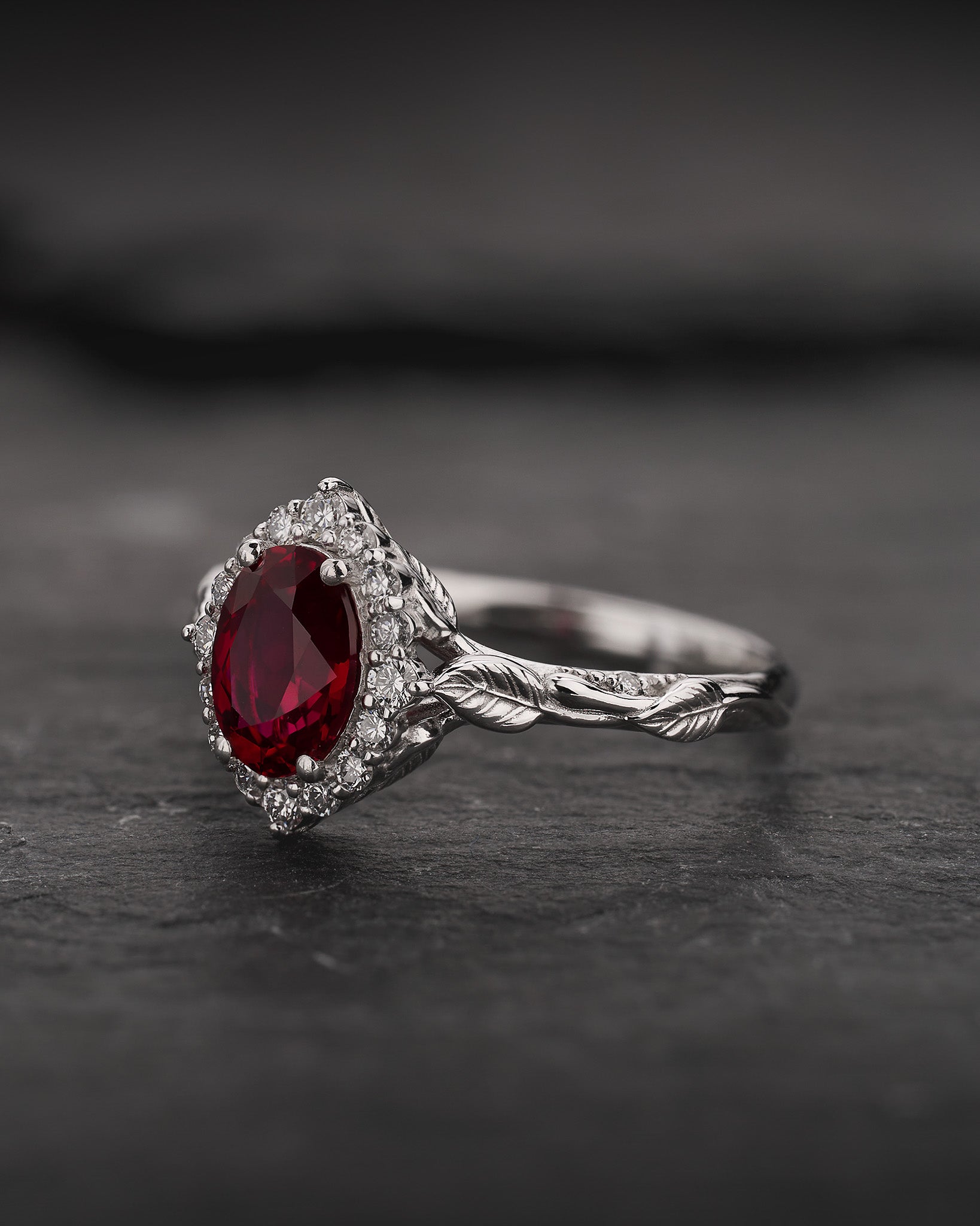 Engagement Ring with Oval Red Ruby (Lab-Grown) in Leafy Style / Florentina - Eden Garden Jewelry™