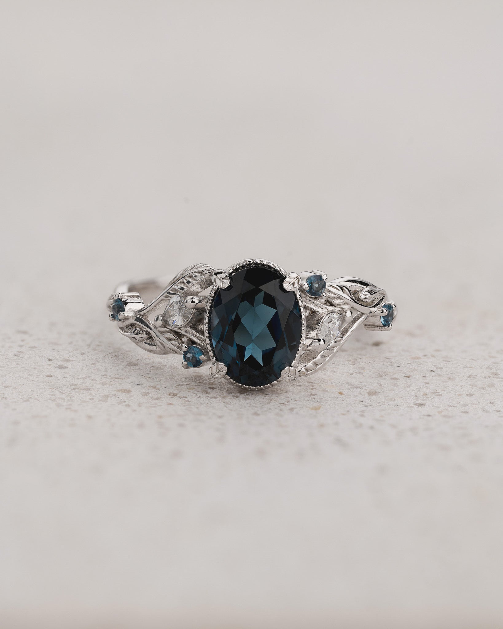 Nature-inspired Engagement Ring with Oval Blue Topaz, Accent Diamonds and Blue Topazes / Patricia - Eden Garden Jewelry™