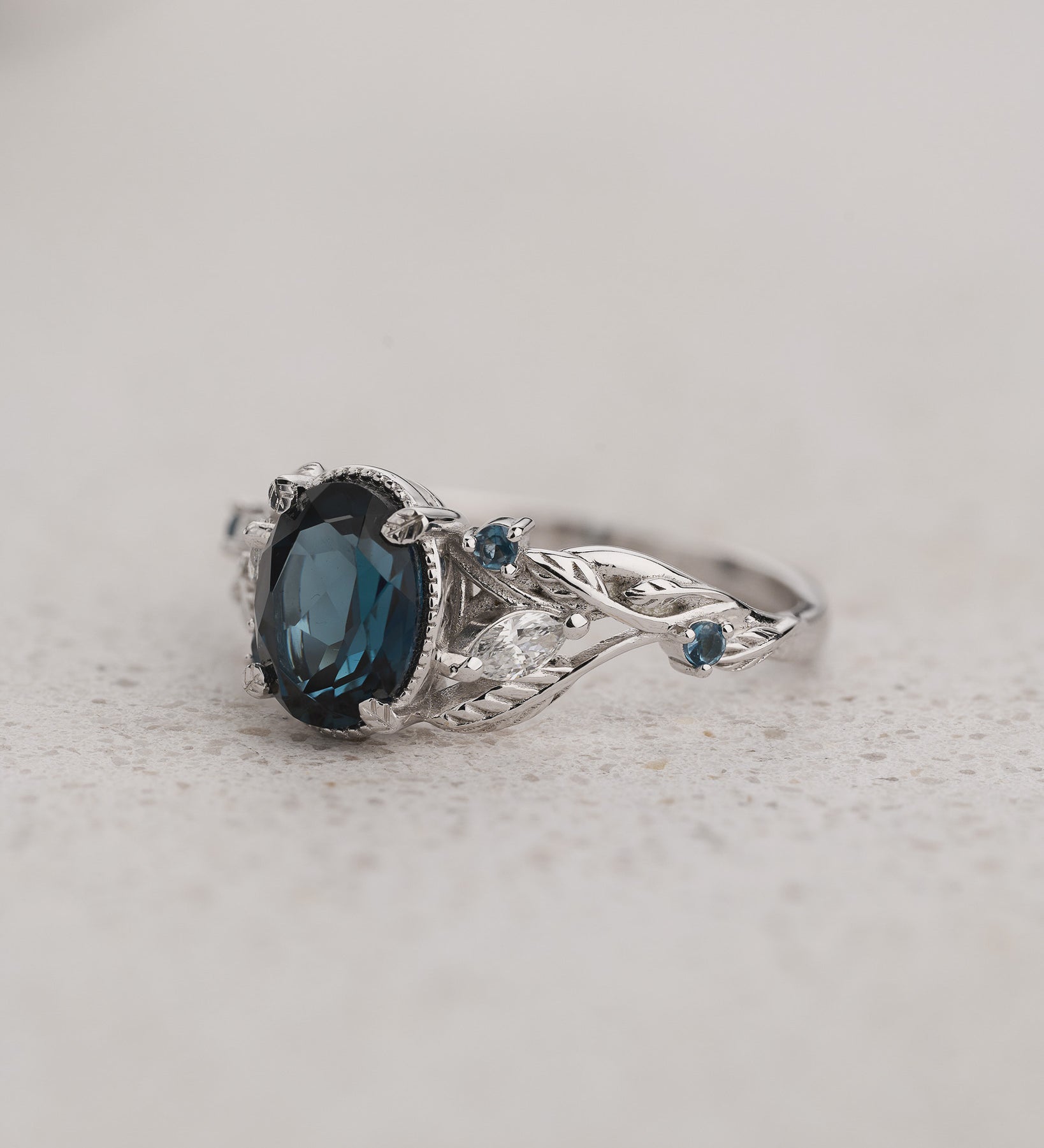 Nature-inspired Engagement Ring with Oval Blue Topaz, Accent Diamonds and Blue Topazes / Patricia - Eden Garden Jewelry™