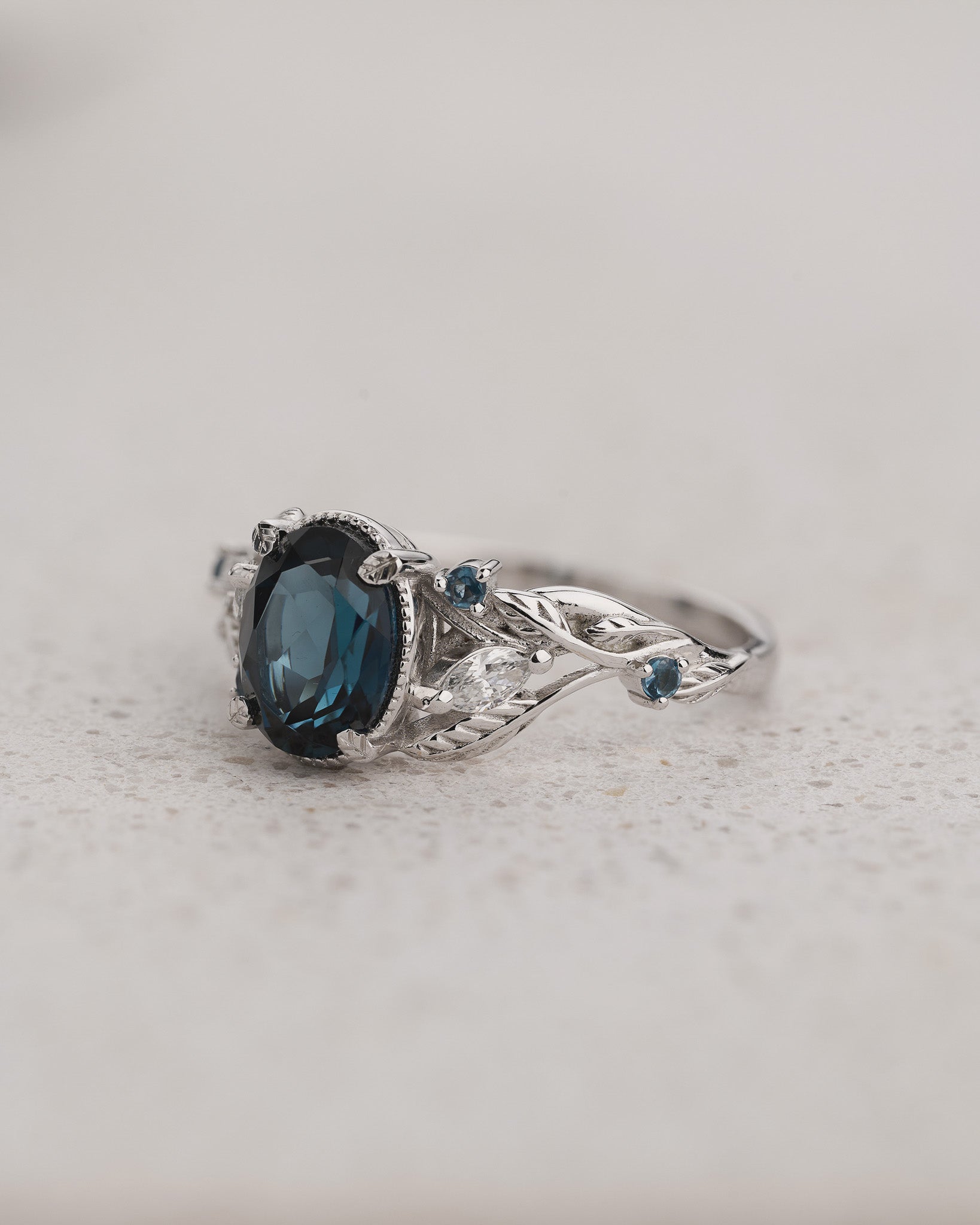 Nature-inspired Engagement Ring with Oval Blue Topaz, Accent Diamonds and Blue Topazes / Patricia - Eden Garden Jewelry™