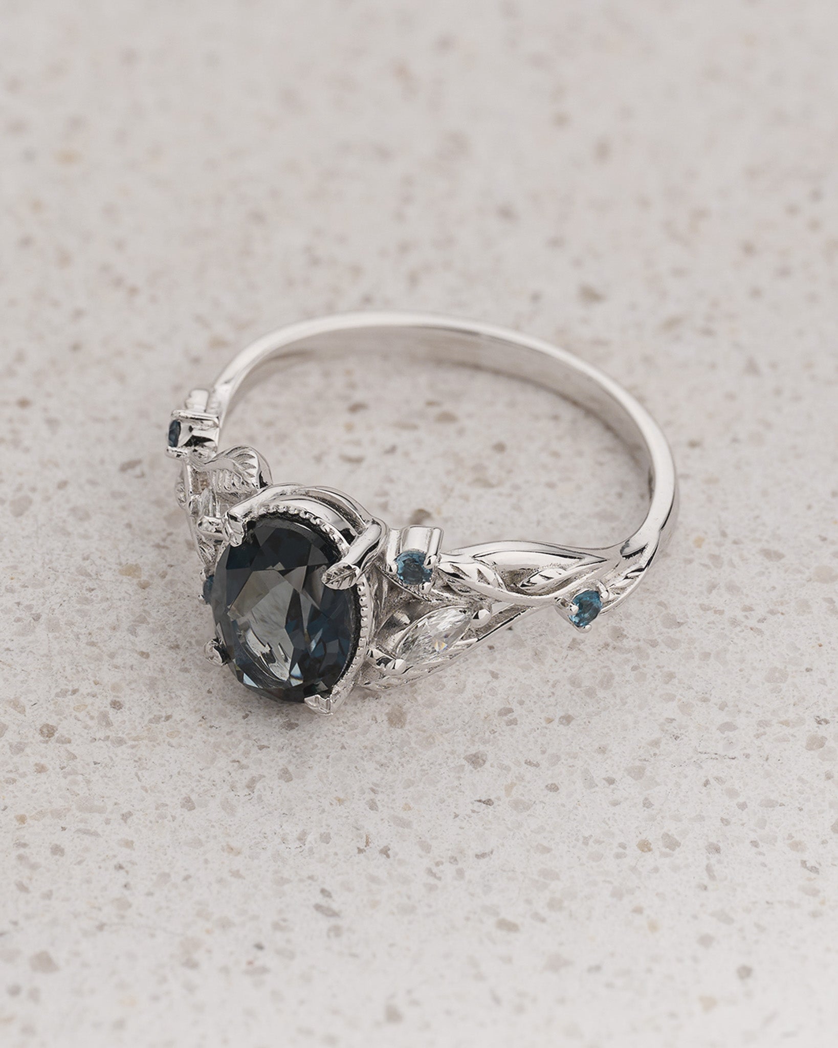 Nature-inspired Engagement Ring with Oval Blue Topaz, Accent Diamonds and Blue Topazes / Patricia - Eden Garden Jewelry™
