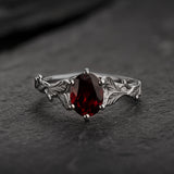 Oval garnet gold engagement ring, white gold leaves proposal ring / Freesia - Eden Garden Jewelry™