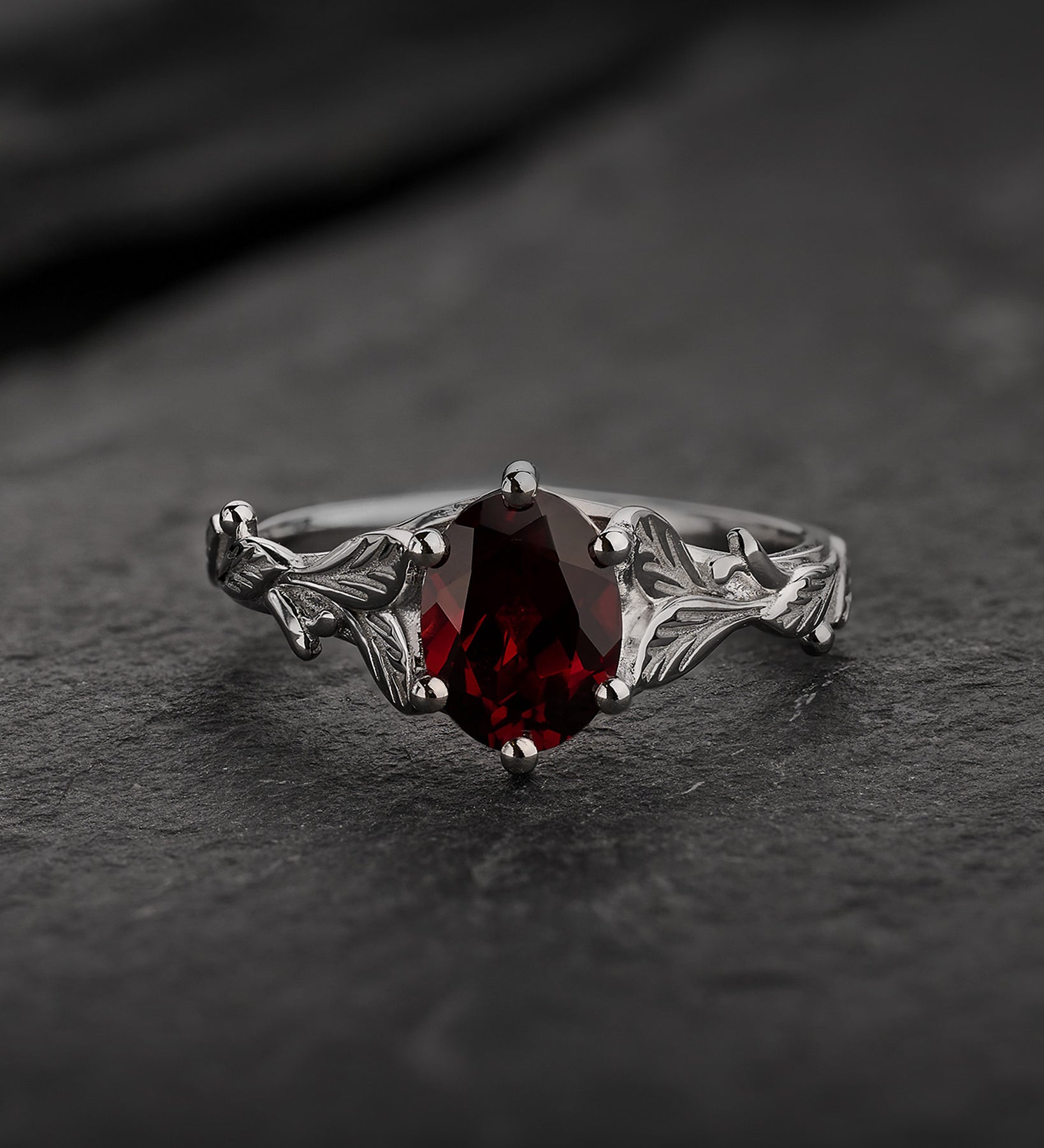 Oval garnet gold engagement ring, white gold leaves proposal ring / Freesia - Eden Garden Jewelry™