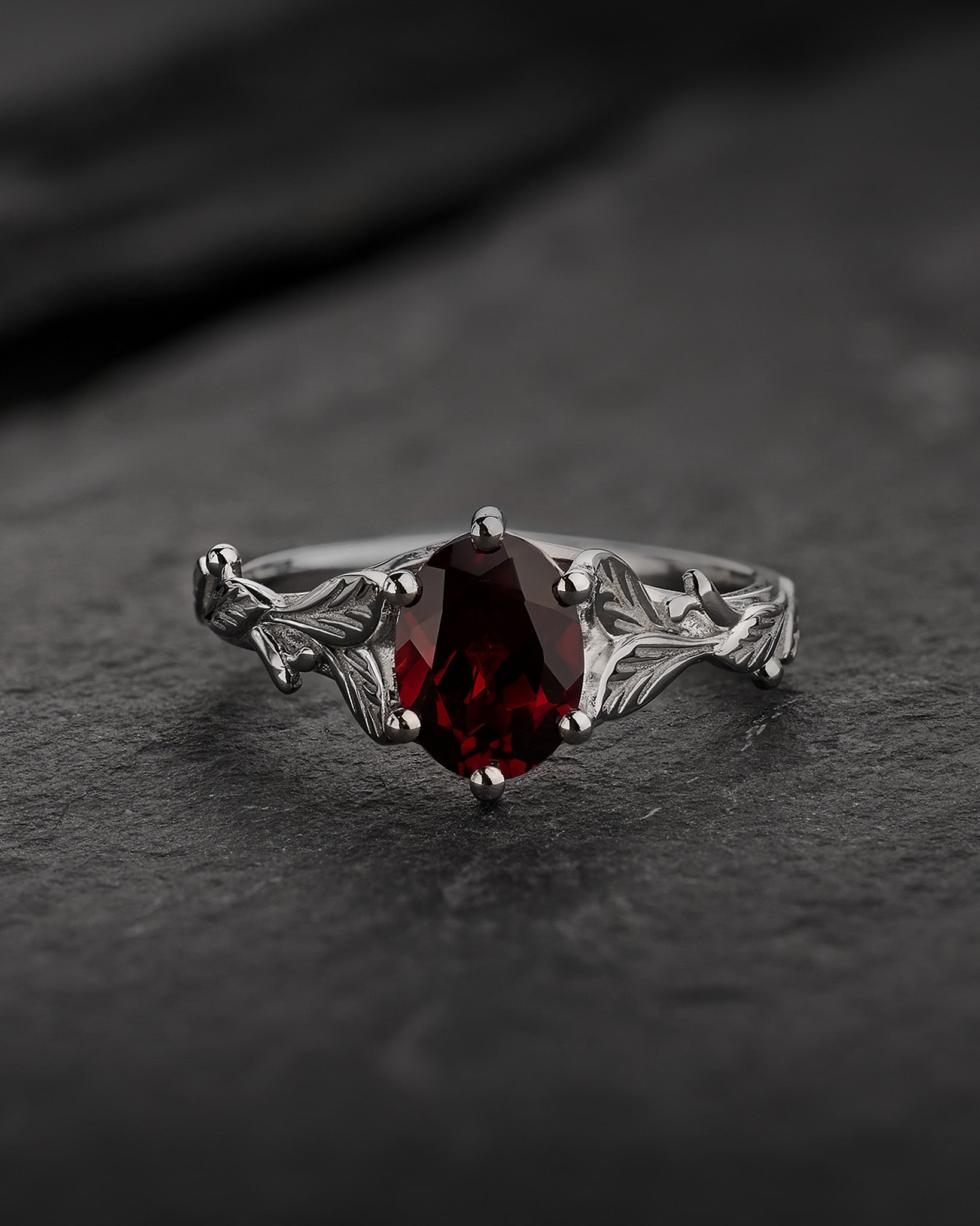 Oval garnet gold engagement ring, white gold leaves proposal ring / Freesia - Eden Garden Jewelry™