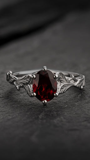 Oval garnet gold engagement ring, white gold leaves proposal ring / Freesia - Eden Garden Jewelry™