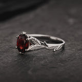 Oval garnet gold engagement ring, white gold leaves proposal ring / Freesia - Eden Garden Jewelry™