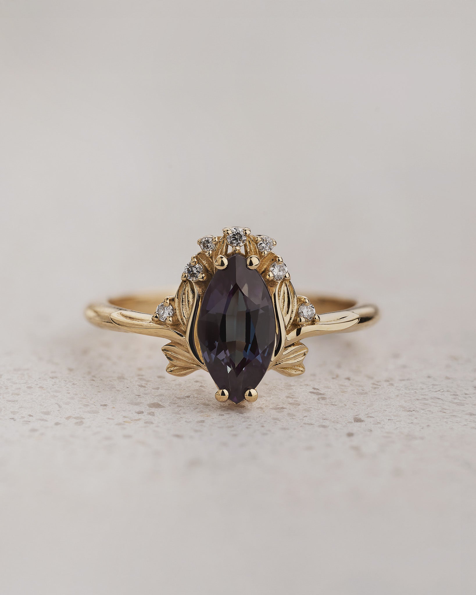 Engagement Ring in Floral Design with Marquise Colour Changing Alexandrite / Iris - Eden Garden Jewelry™