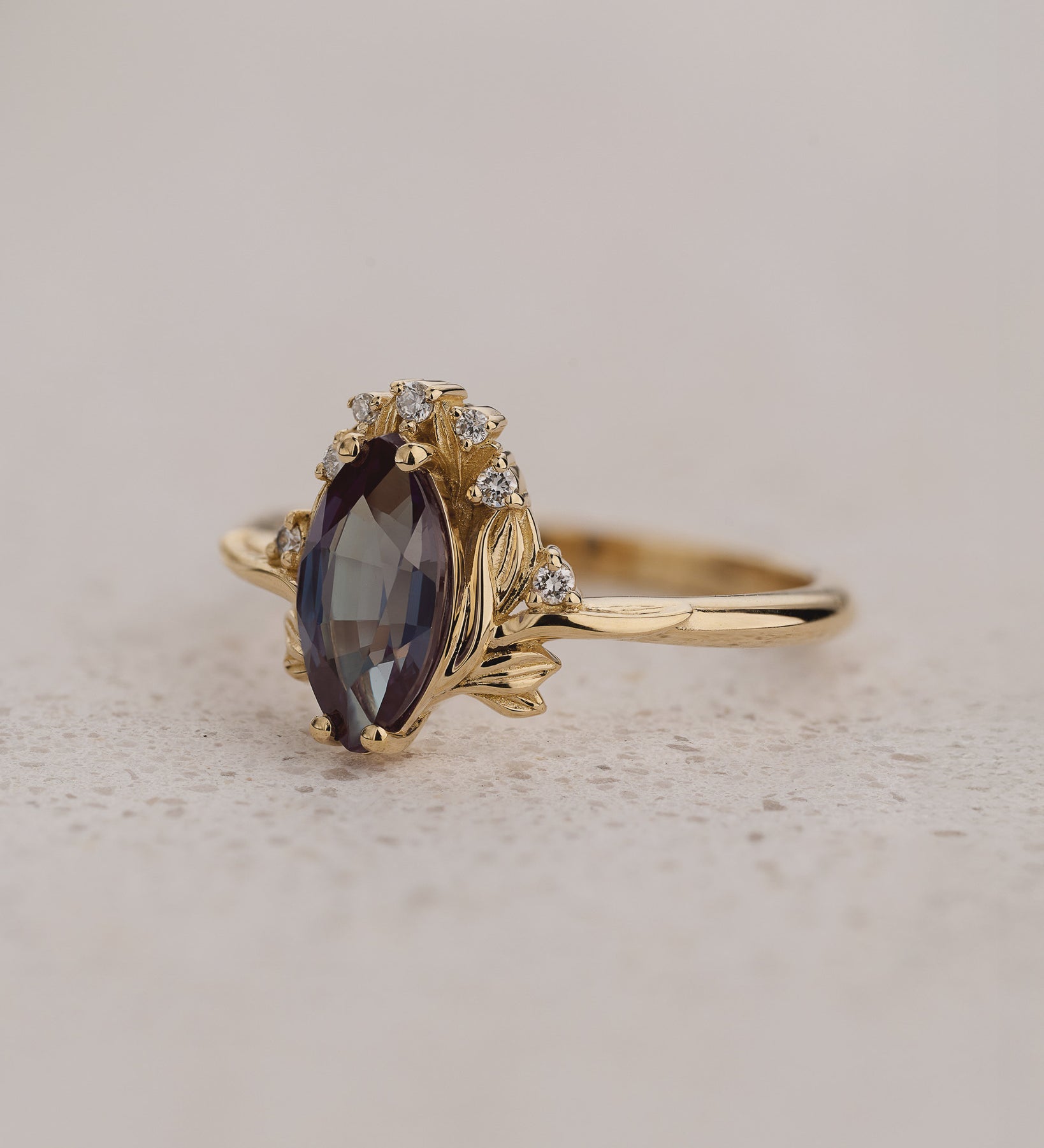 Engagement Ring in Floral Design with Marquise Colour Changing Alexandrite / Iris - Eden Garden Jewelry™