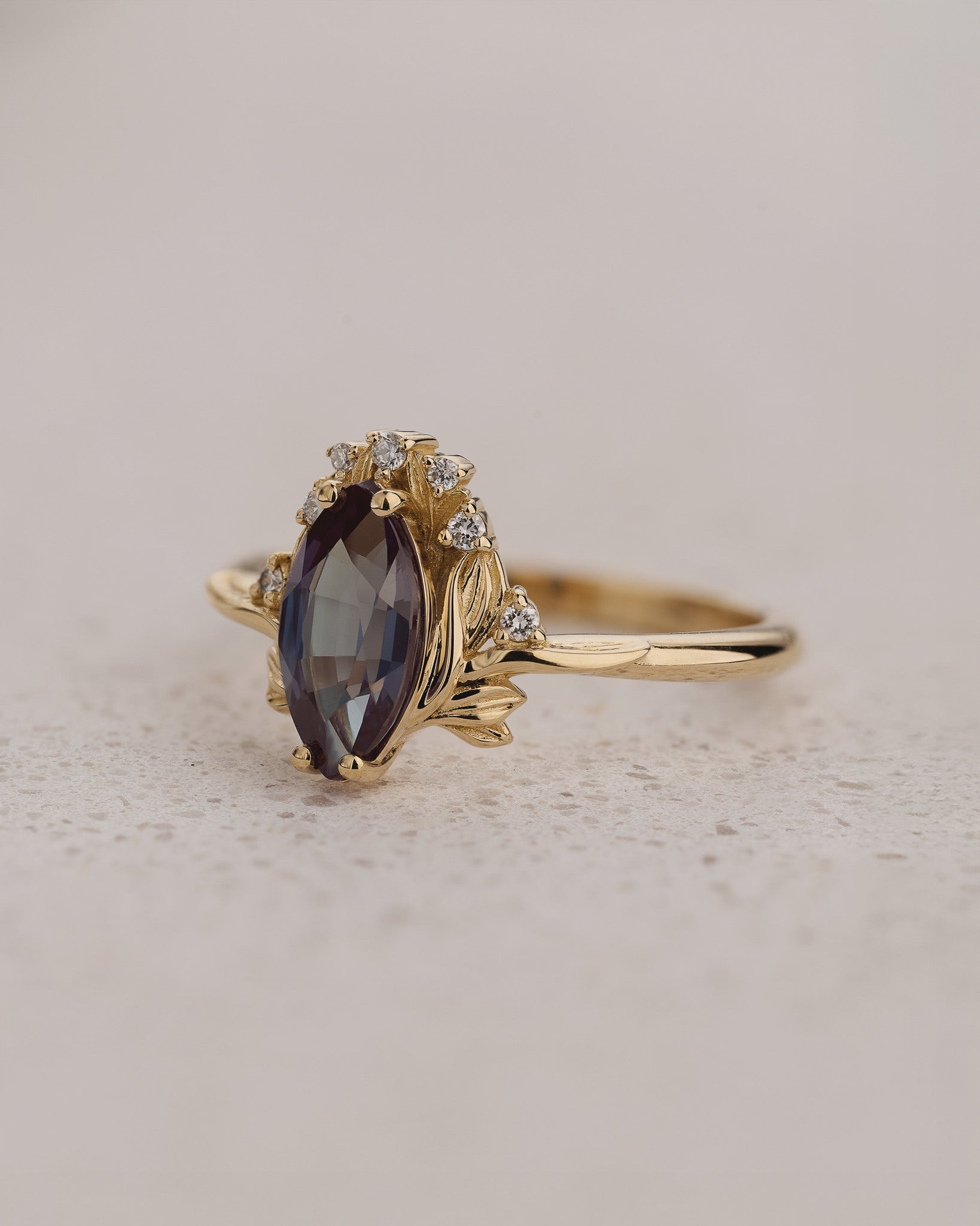 Engagement Ring in Floral Design with Marquise Colour Changing Alexandrite / Iris - Eden Garden Jewelry™