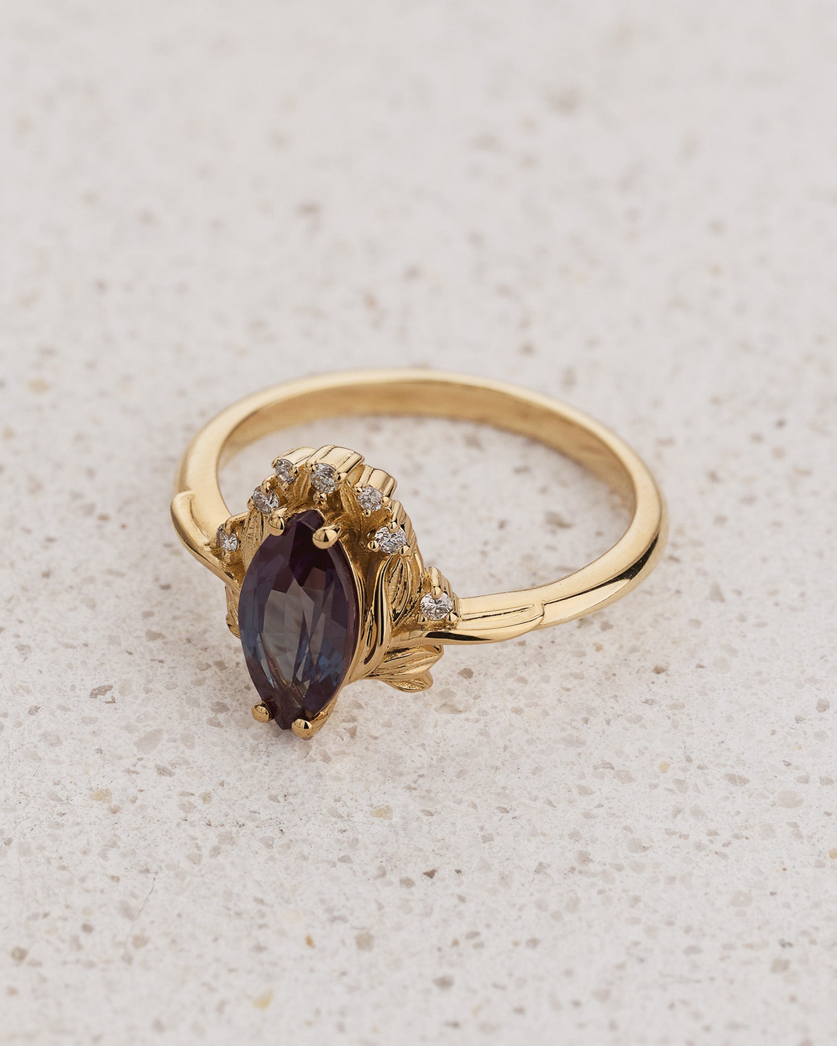 Engagement Ring in Floral Design with Marquise Colour Changing Alexandrite / Iris - Eden Garden Jewelry™