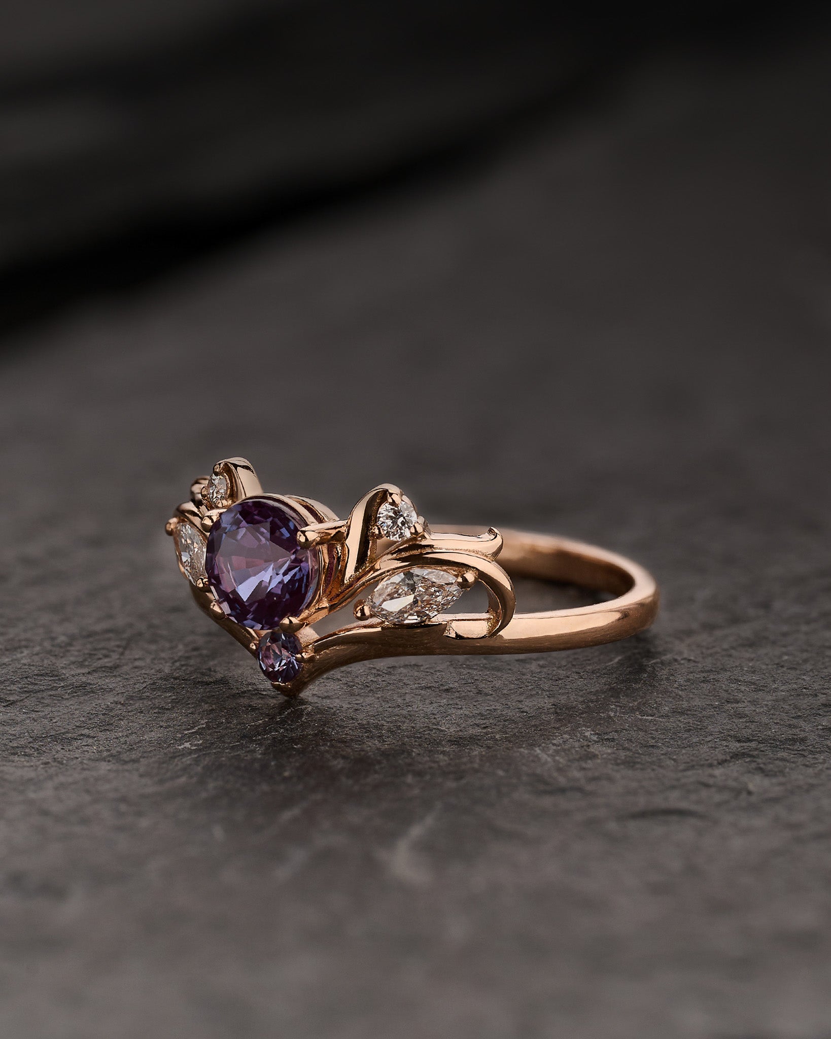 Engagement ring with alexandrite and diamonds / Swanlake - Eden Garden Jewelry™
