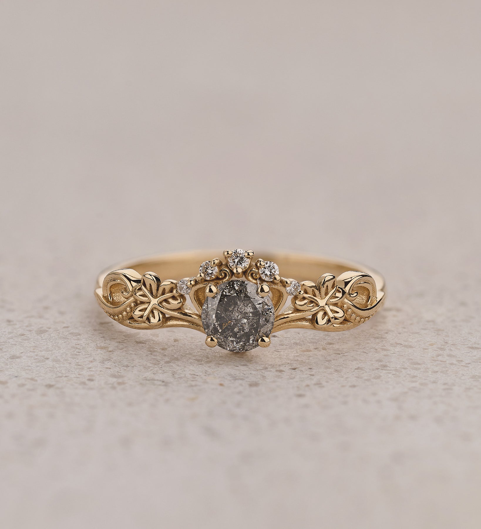 Elvish engagement ring with salt and pepper diamond / Horta - Eden Garden Jewelry™