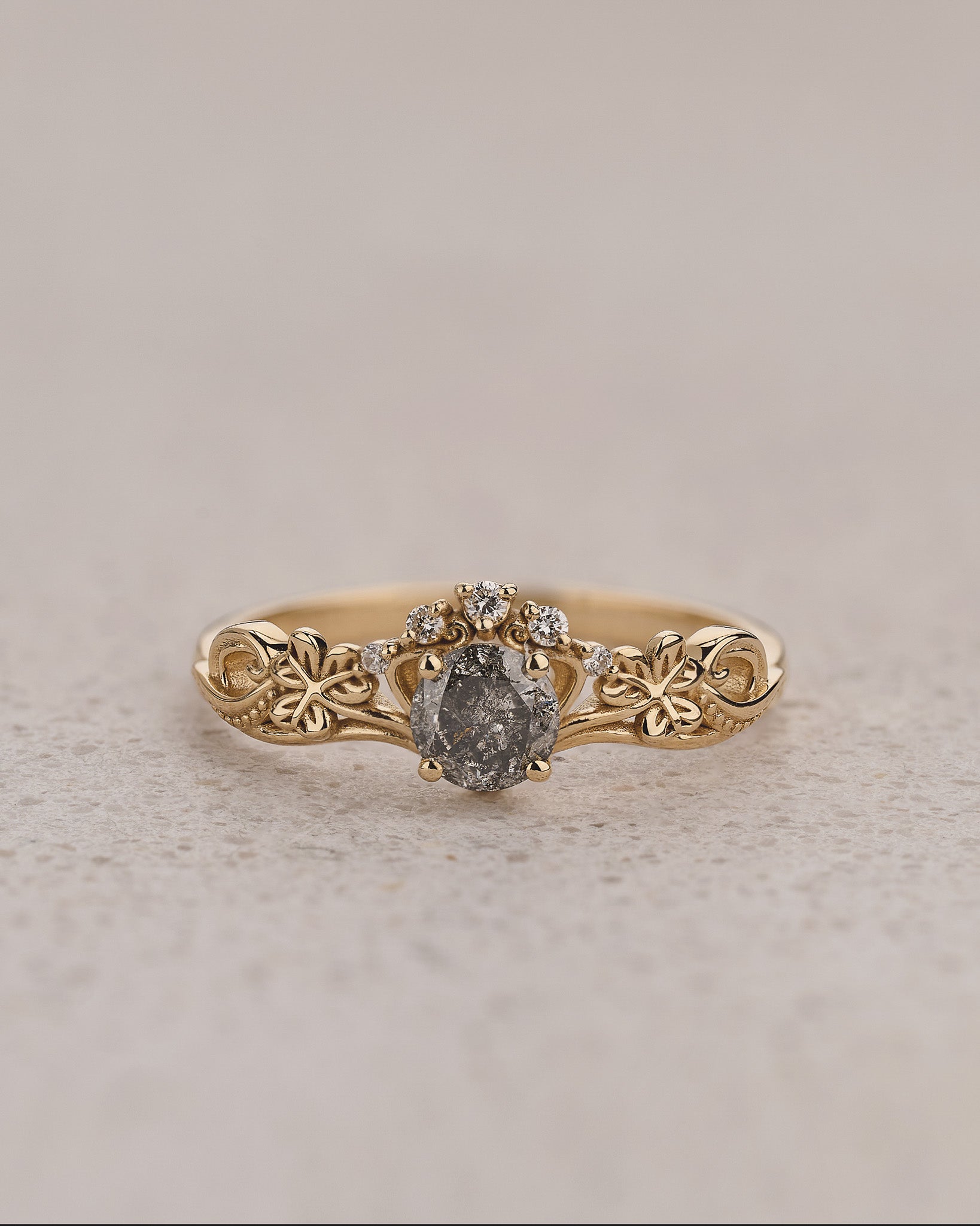 Elvish engagement ring with salt and pepper diamond / Horta - Eden Garden Jewelry™