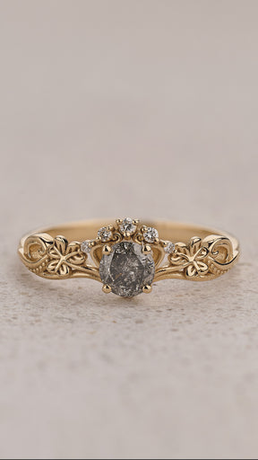 Elvish engagement ring with salt and pepper diamond / Horta - Eden Garden Jewelry™