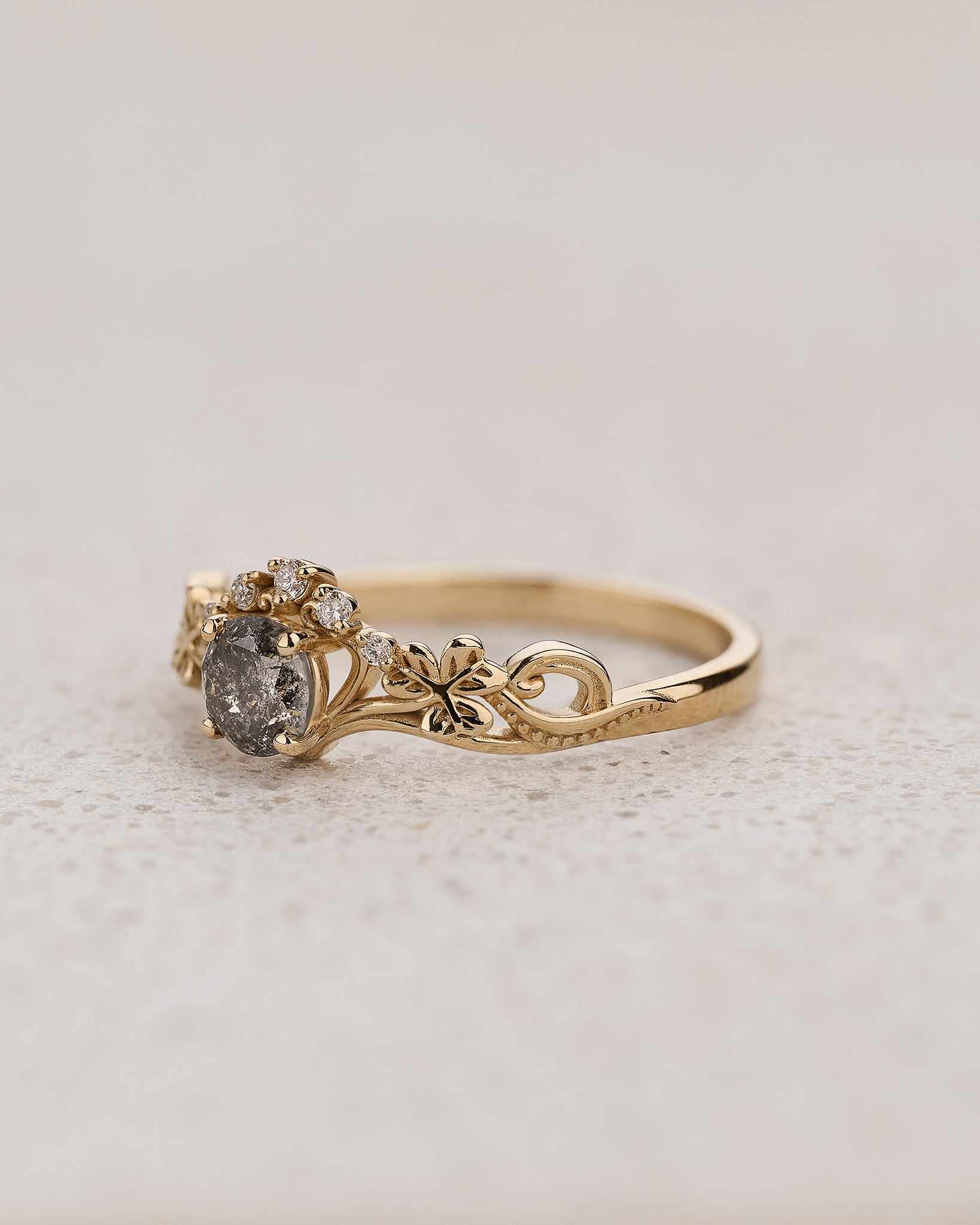 Elvish engagement ring with salt and pepper diamond / Horta - Eden Garden Jewelry™