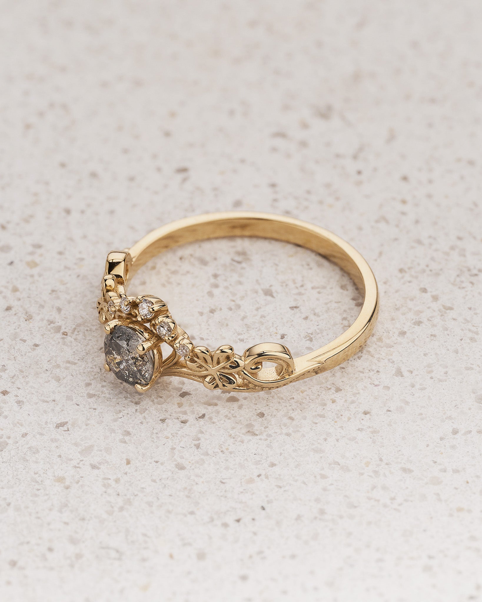 Elvish engagement ring with salt and pepper diamond / Horta - Eden Garden Jewelry™