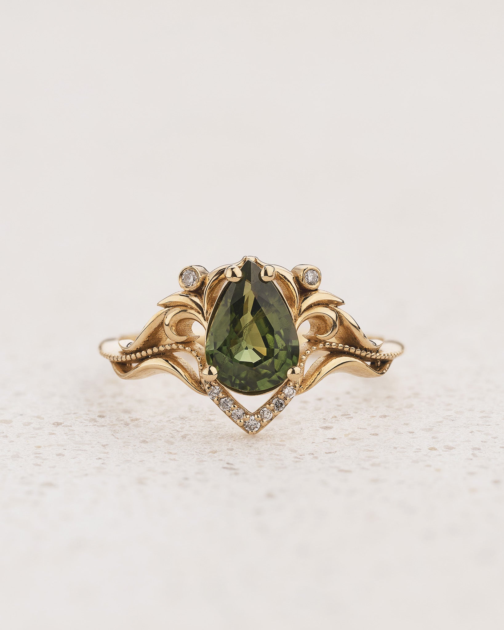 Art Nouveau Engagement Ring with Pear-Cut Green Sapphire / Lida - Eden Garden Jewelry™