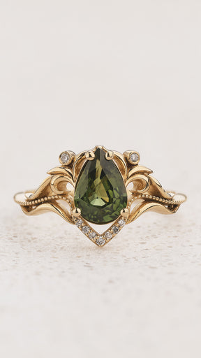 Art Nouveau Engagement Ring with Pear-Cut Green Sapphire / Lida - Eden Garden Jewelry™