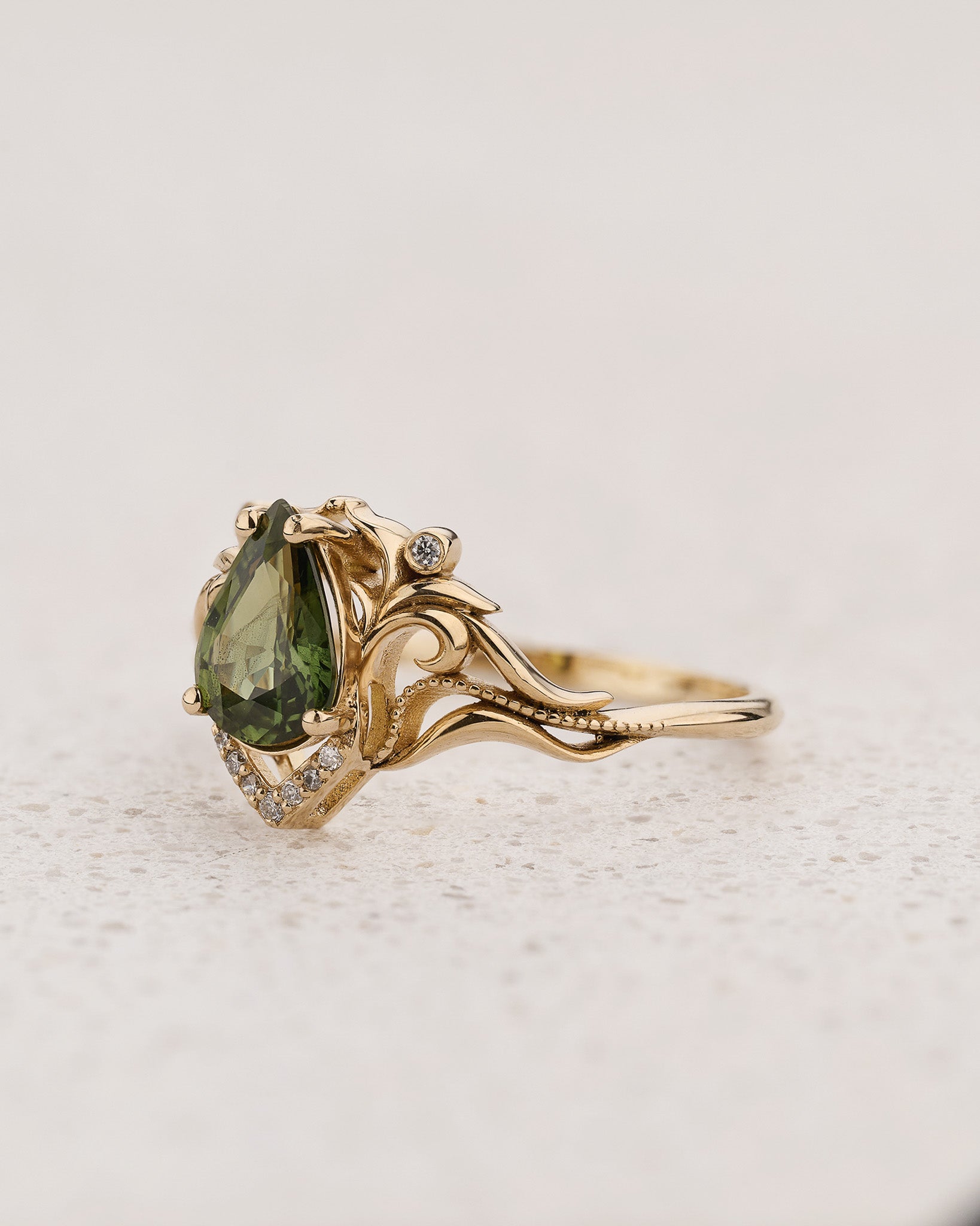 Art Nouveau Engagement Ring with Pear-Cut Green Sapphire / Lida - Eden Garden Jewelry™