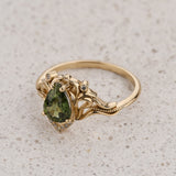 Art Nouveau Engagement Ring with Pear-Cut Green Sapphire / Lida - Eden Garden Jewelry™