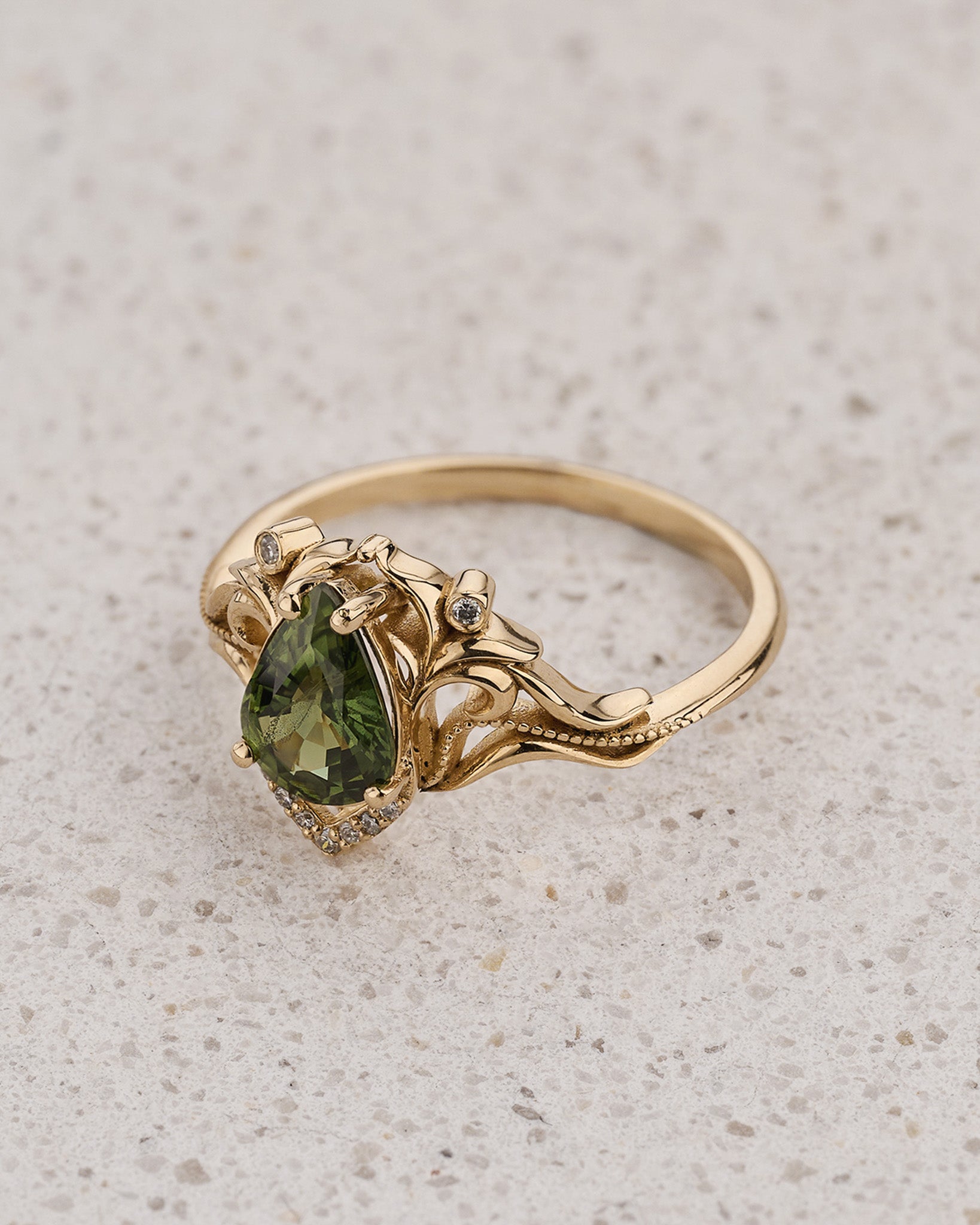 Art Nouveau Engagement Ring with Pear-Cut Green Sapphire / Lida - Eden Garden Jewelry™