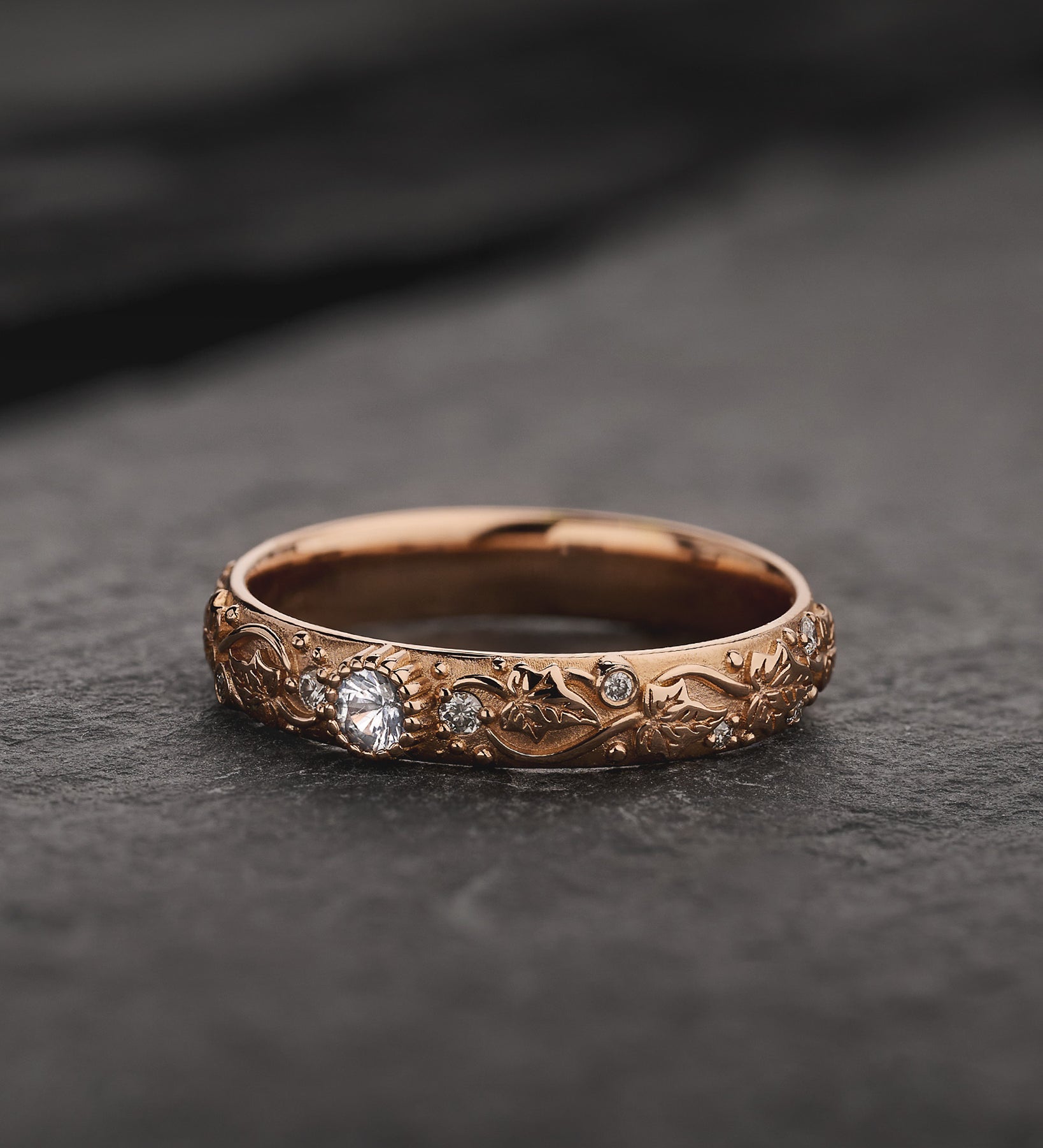 Ivy leaves wedding band with diamonds, comfort fit ring - Eden Garden Jewelry™