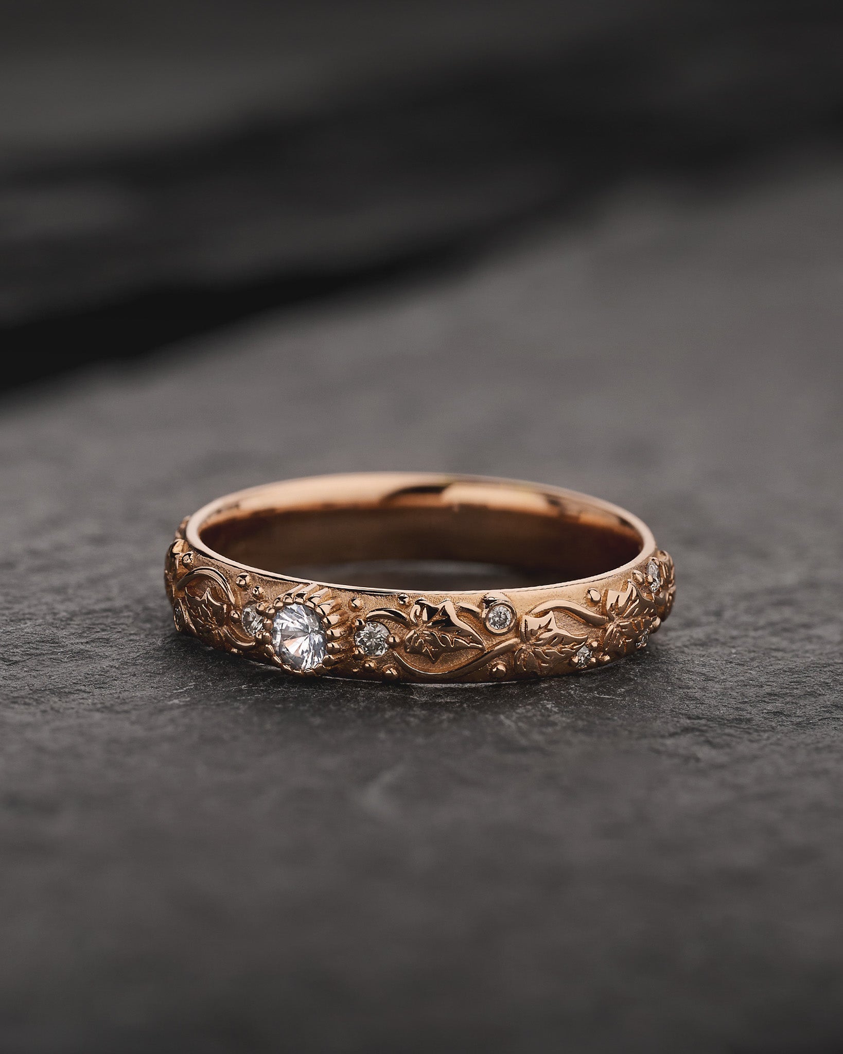 Ivy leaves wedding band with diamonds, comfort fit ring - Eden Garden Jewelry™