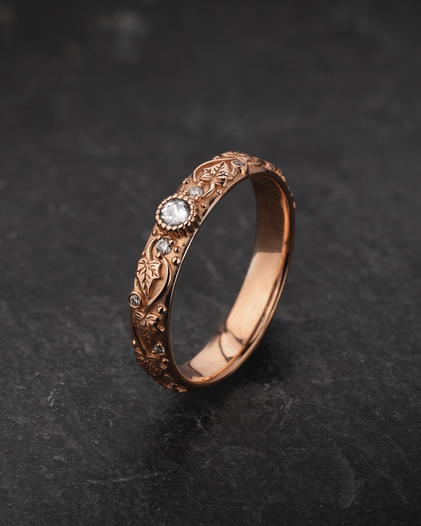 Ivy leaves wedding band with diamonds, comfort fit ring - Eden Garden Jewelry™