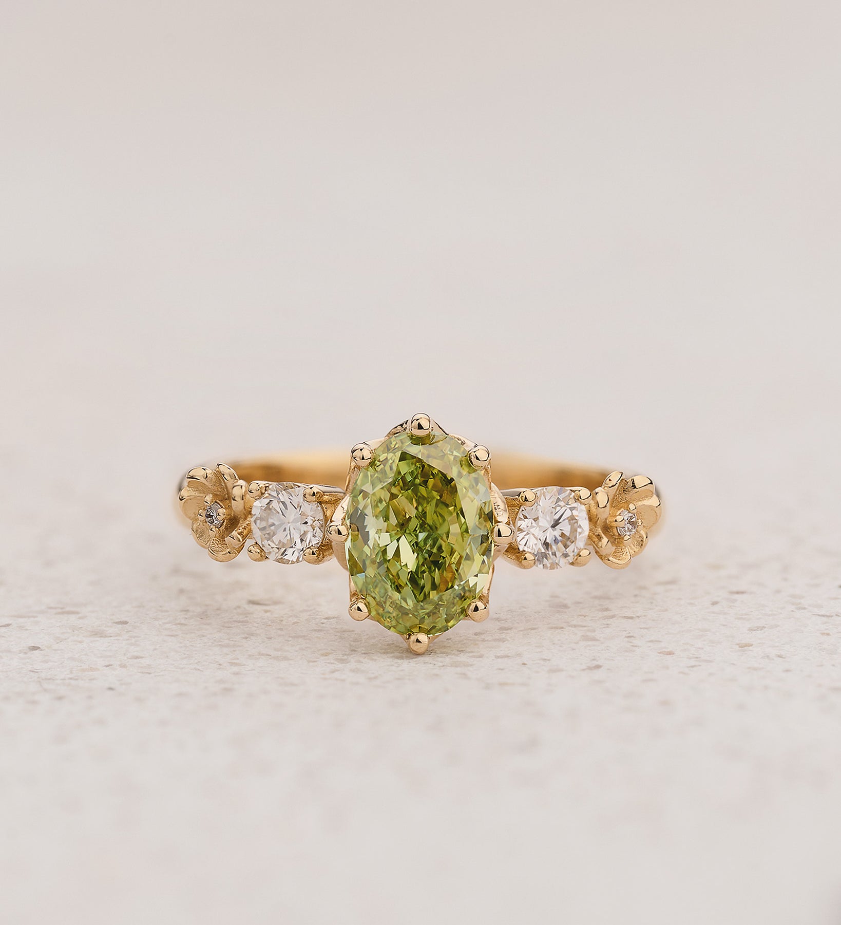 Flower-inspired Engagement Ring with Oval Green Diamond / Fiorella - Eden Garden Jewelry™