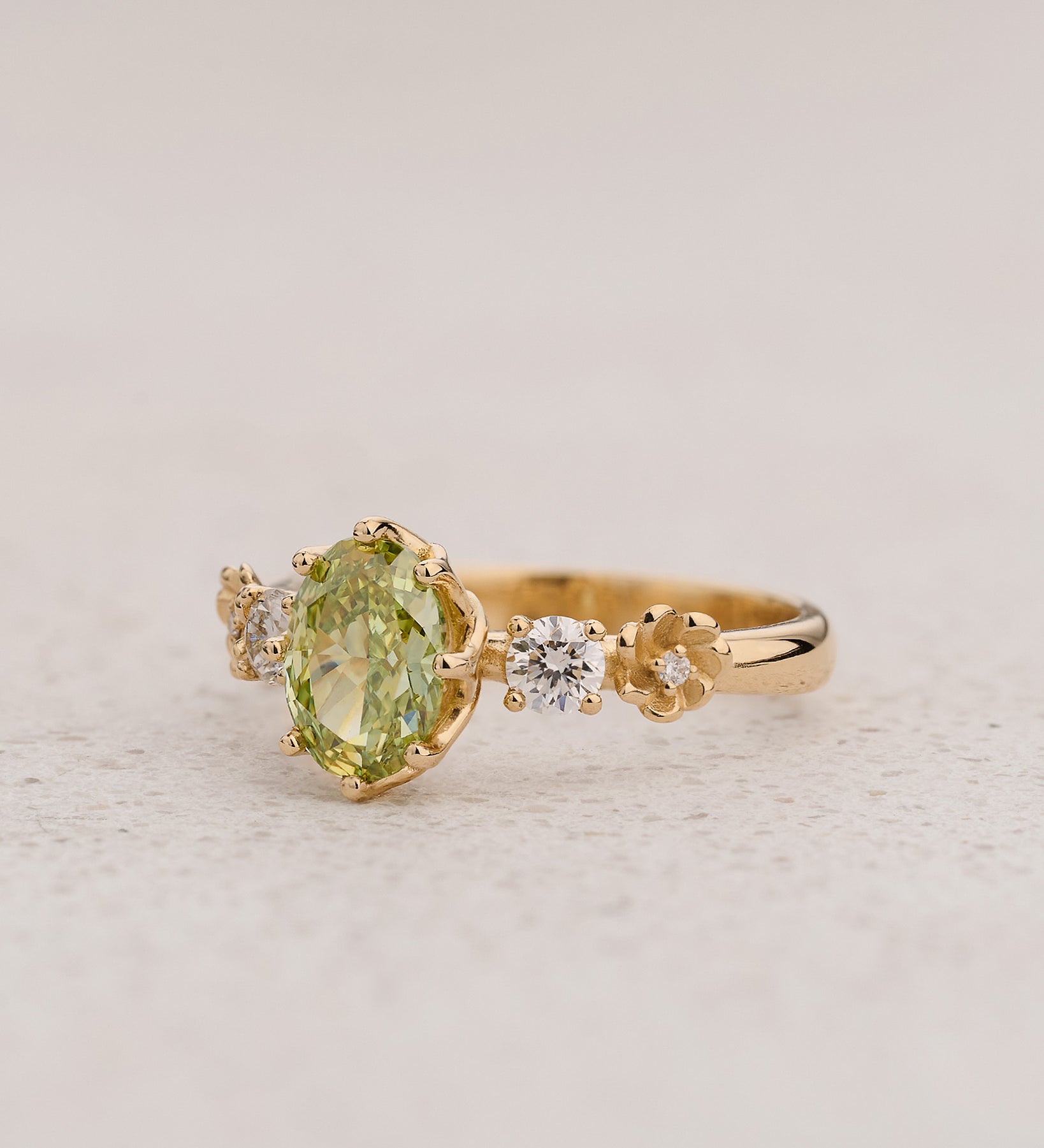 Flower-inspired Engagement Ring with Oval Green Diamond / Fiorella - Eden Garden Jewelry™