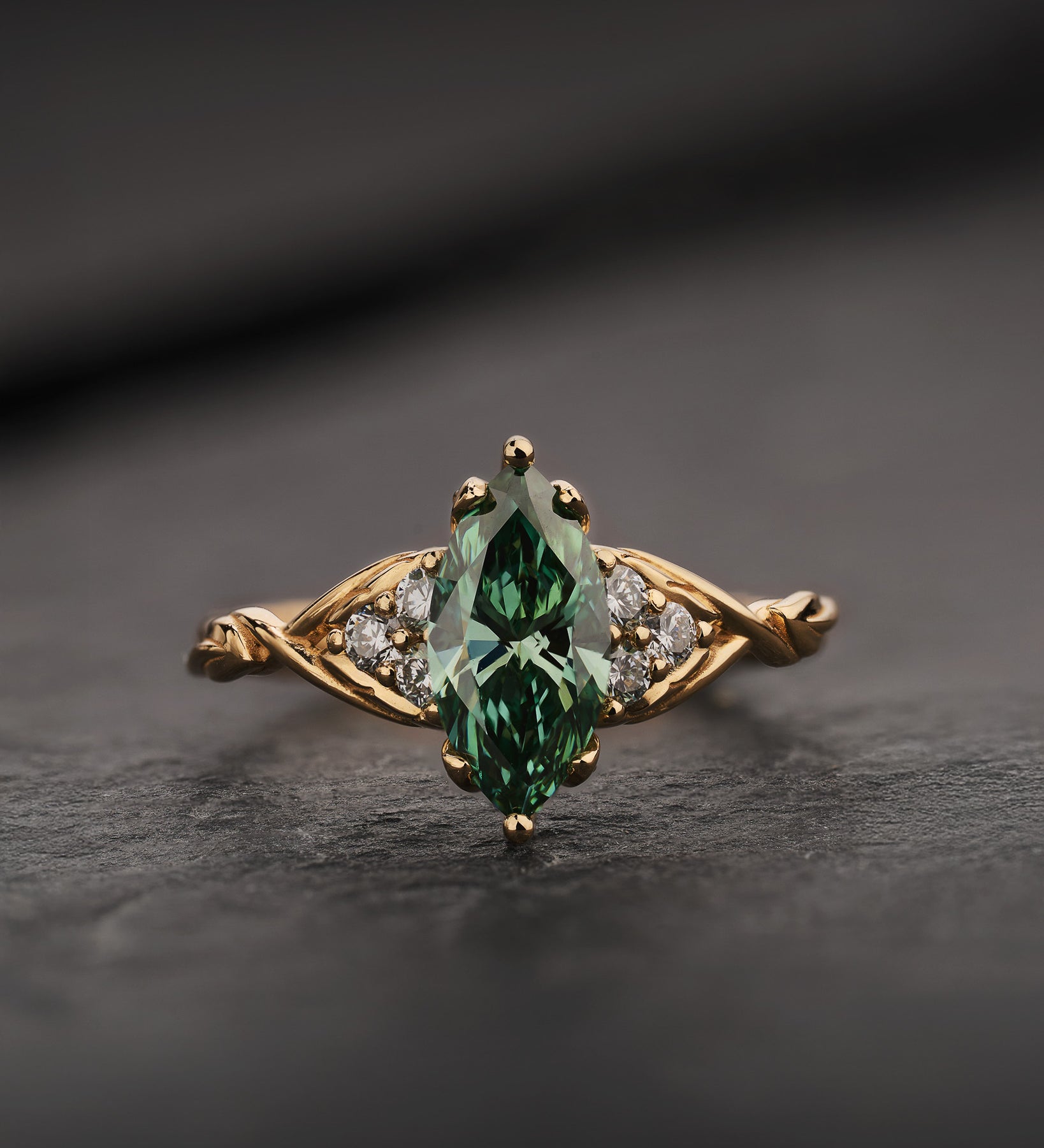 Elegant Engagement Ring with Marquise Green Diamond / Gloria - Eden Garden Jewelry™