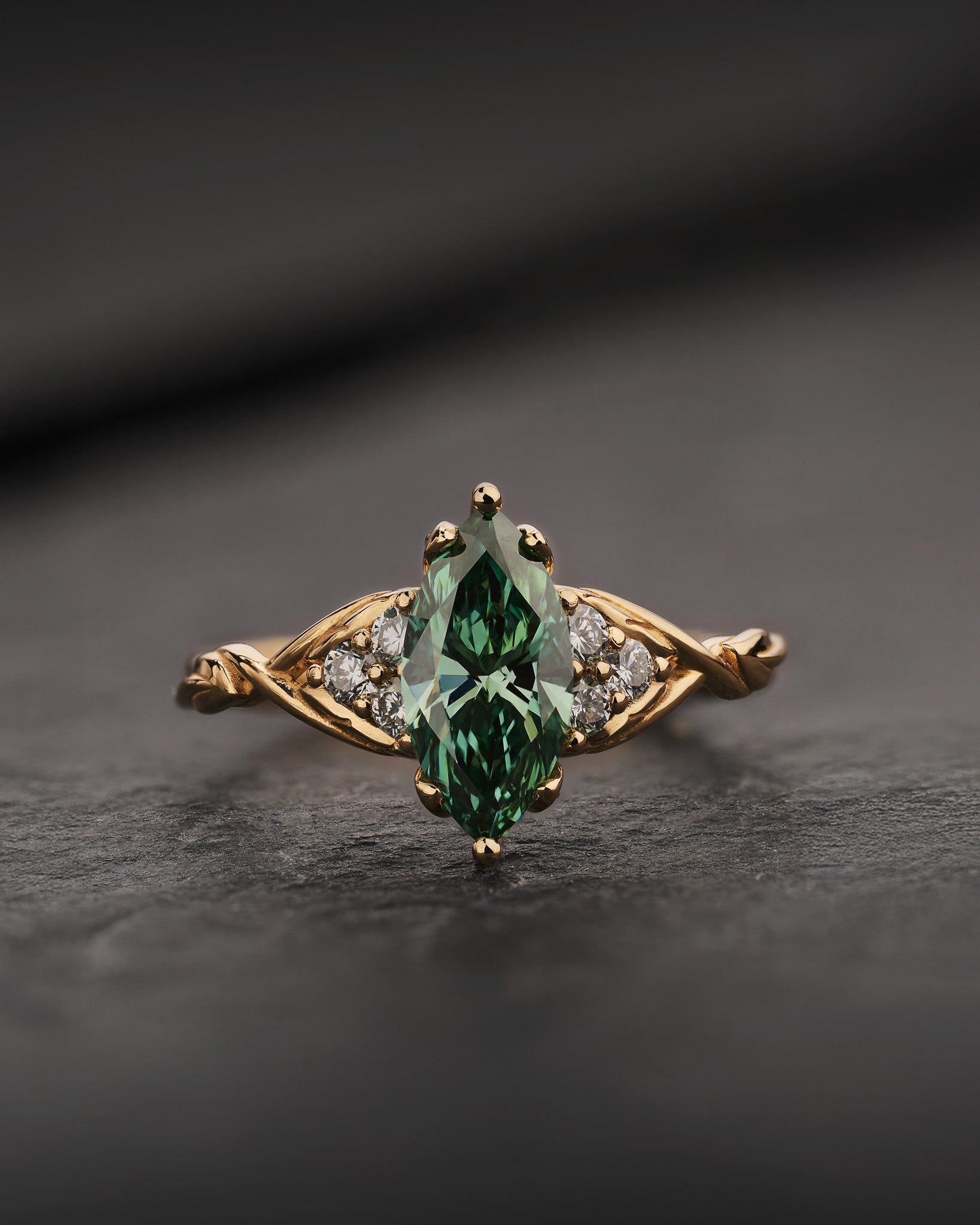 Elegant Engagement Ring with Marquise Green Diamond / Gloria - Eden Garden Jewelry™