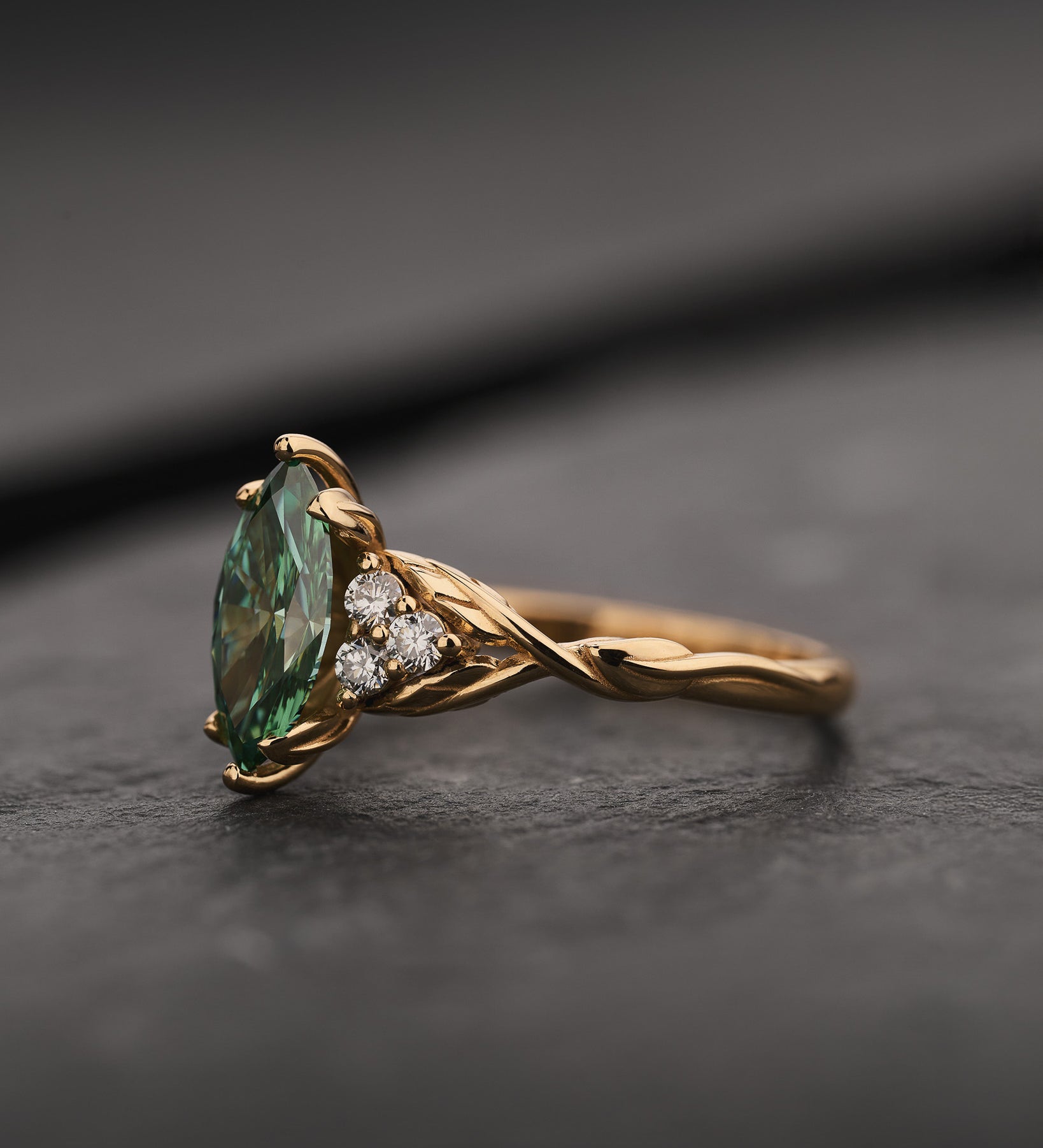 Elegant Engagement Ring with Marquise Green Diamond / Gloria - Eden Garden Jewelry™