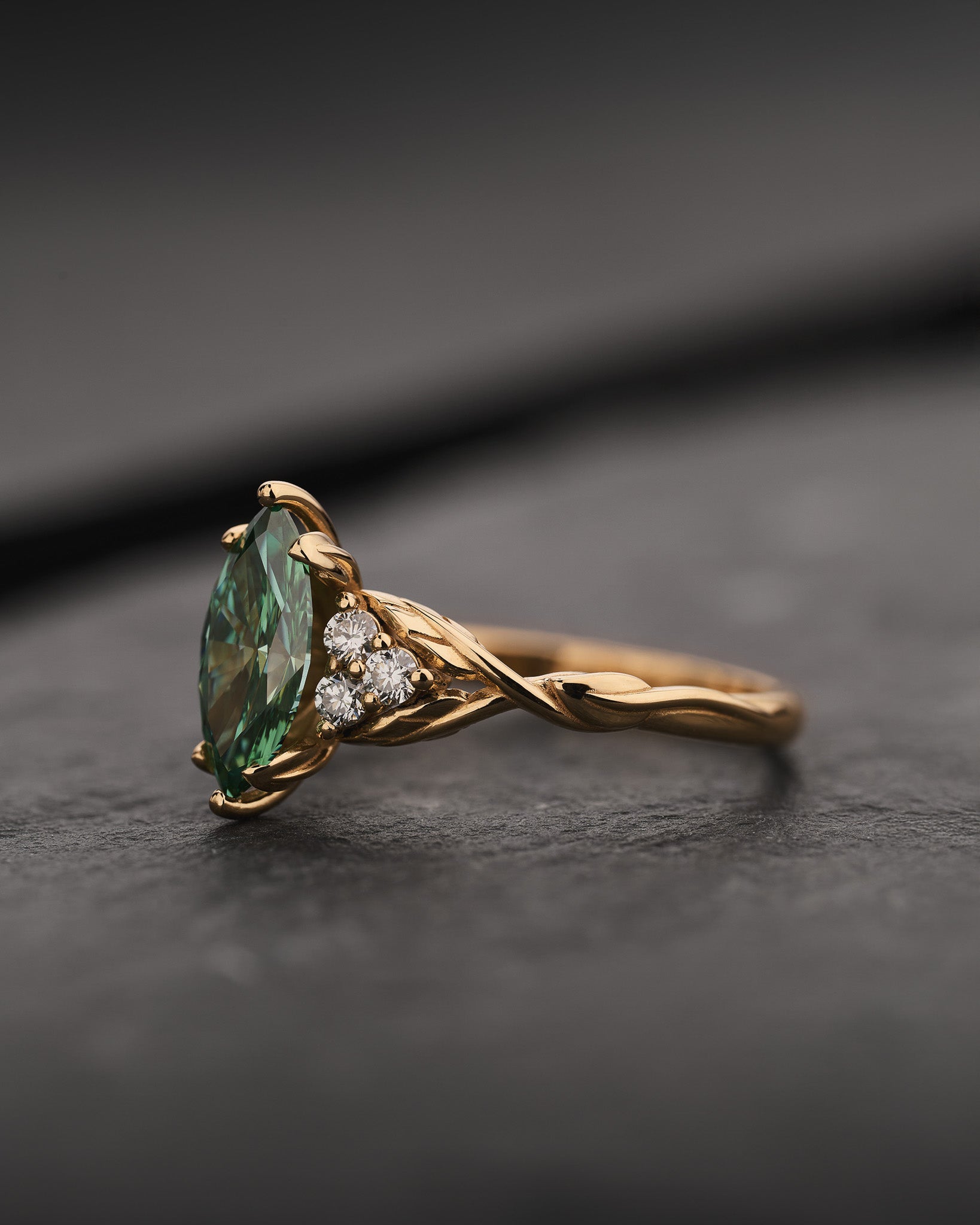 Elegant Engagement Ring with Marquise Green Diamond / Gloria - Eden Garden Jewelry™