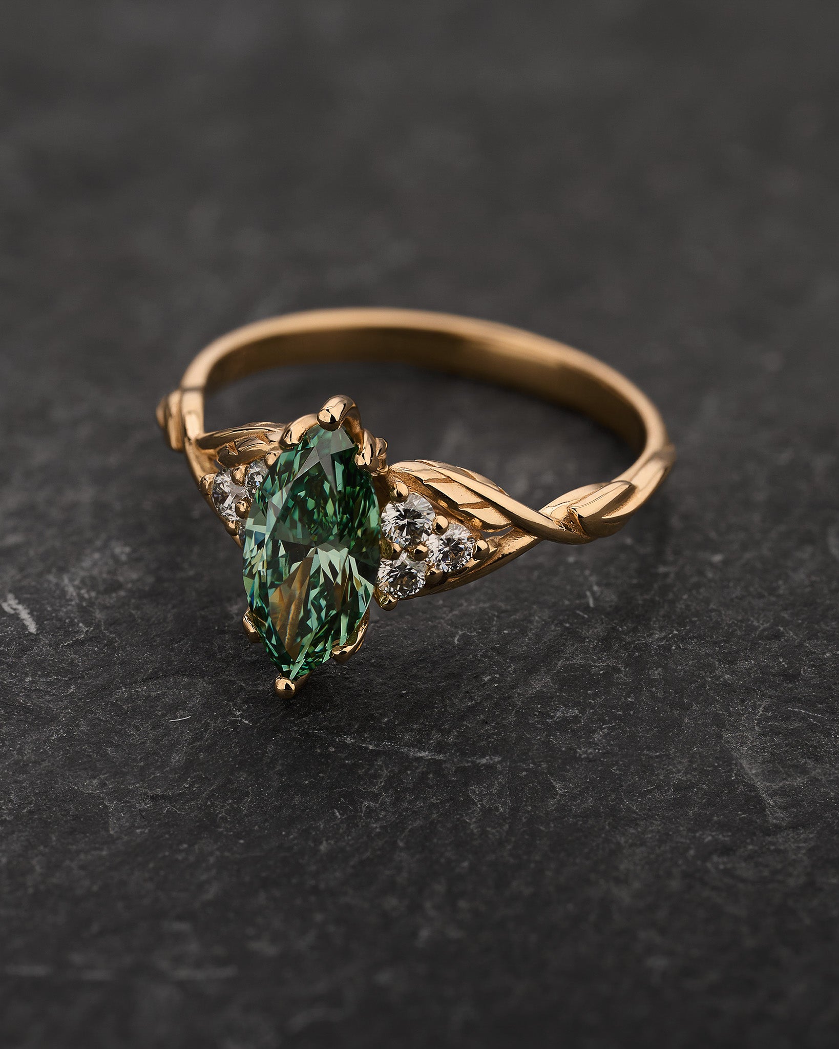 Elegant Engagement Ring with Marquise Green Diamond / Gloria - Eden Garden Jewelry™