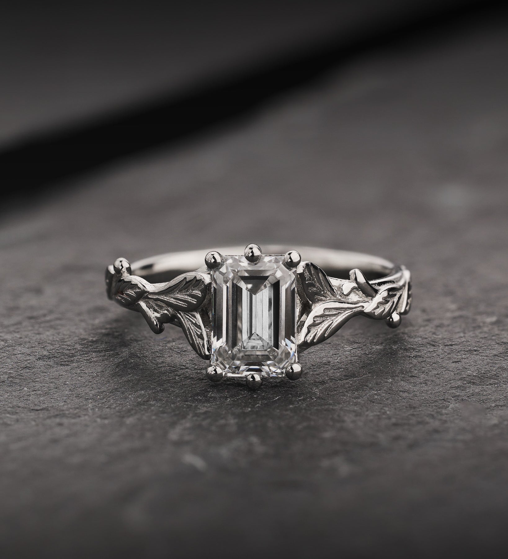Engagement Ring with Emerald-Cut Diamond and Leaf Design / Freesia - Eden Garden Jewelry™