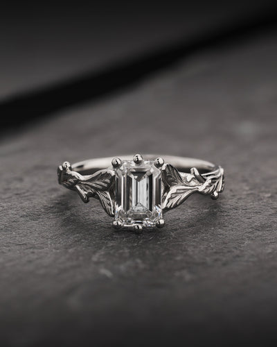 Engagement Ring with Emerald-Cut Diamond and Leaf Design / Freesia - Eden Garden Jewelry™