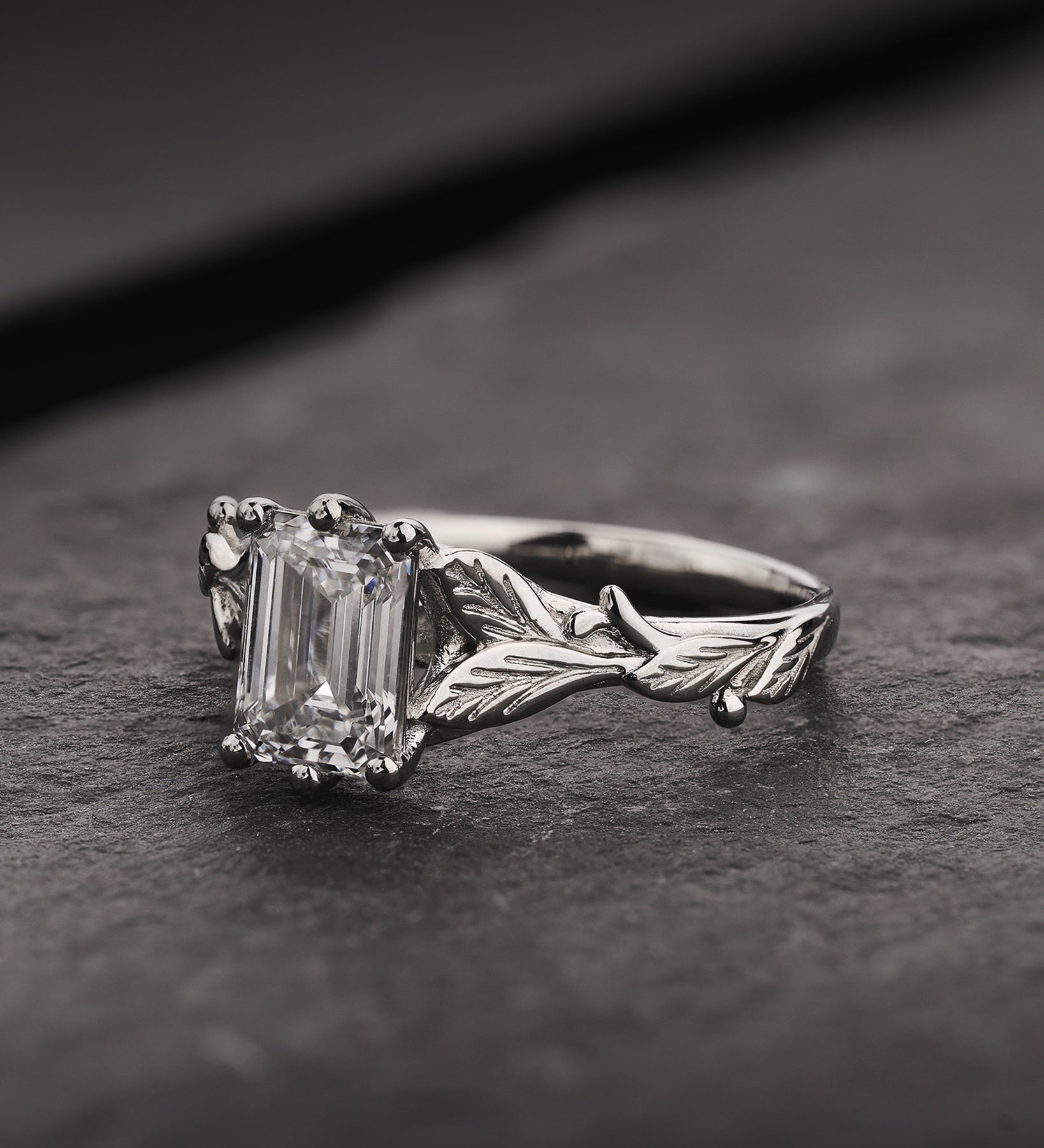 Engagement Ring with Emerald-Cut Diamond and Leaf Design / Freesia - Eden Garden Jewelry™